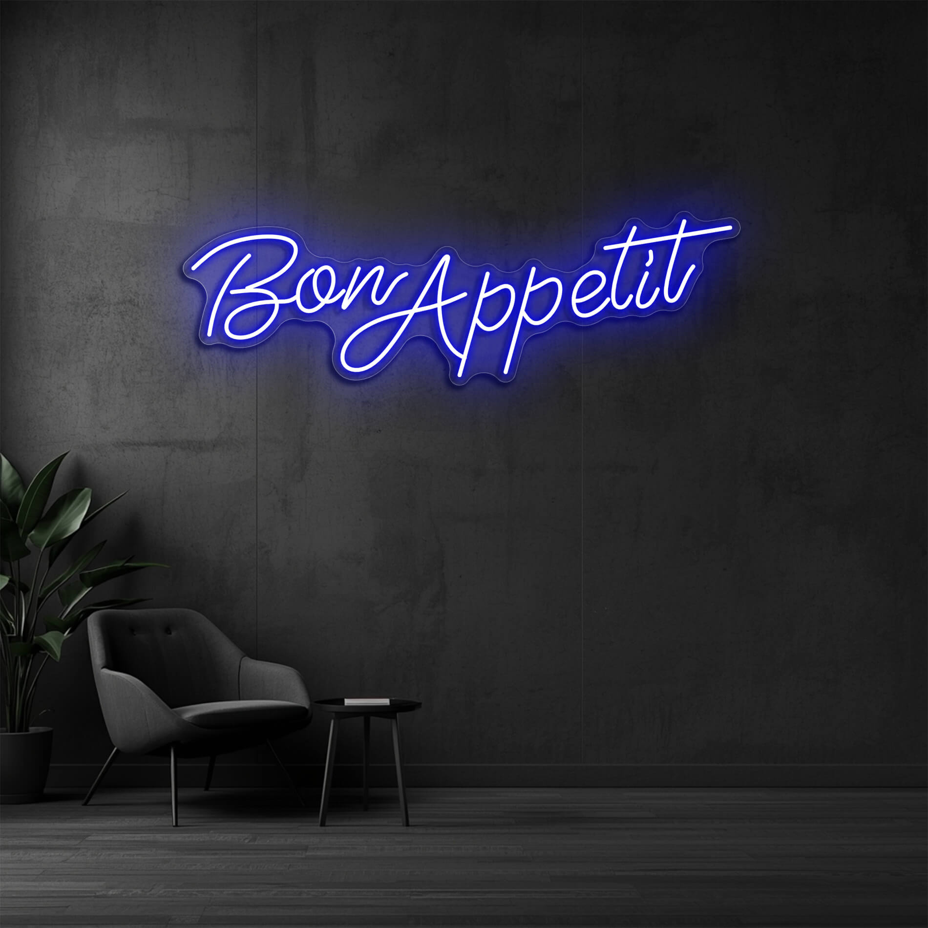 LED Neon Schild Bon Appetit in blau als stilvolle Neonbeleuchtung für Gastronomiebetriebe
