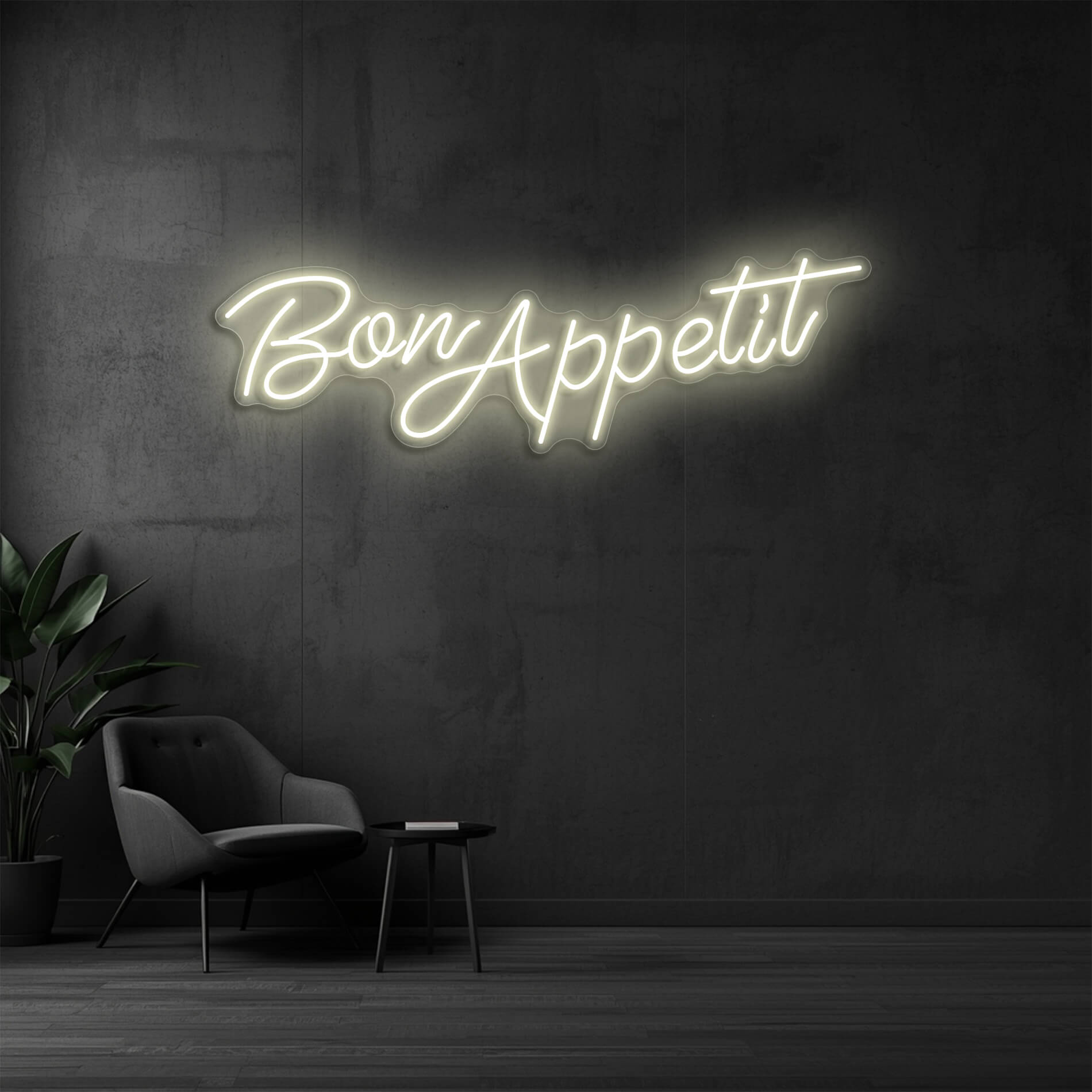 LED Neon Schild Bon Appetit in warm weiss als stilvolle Neonbeleuchtung für Gastronomiebetriebe