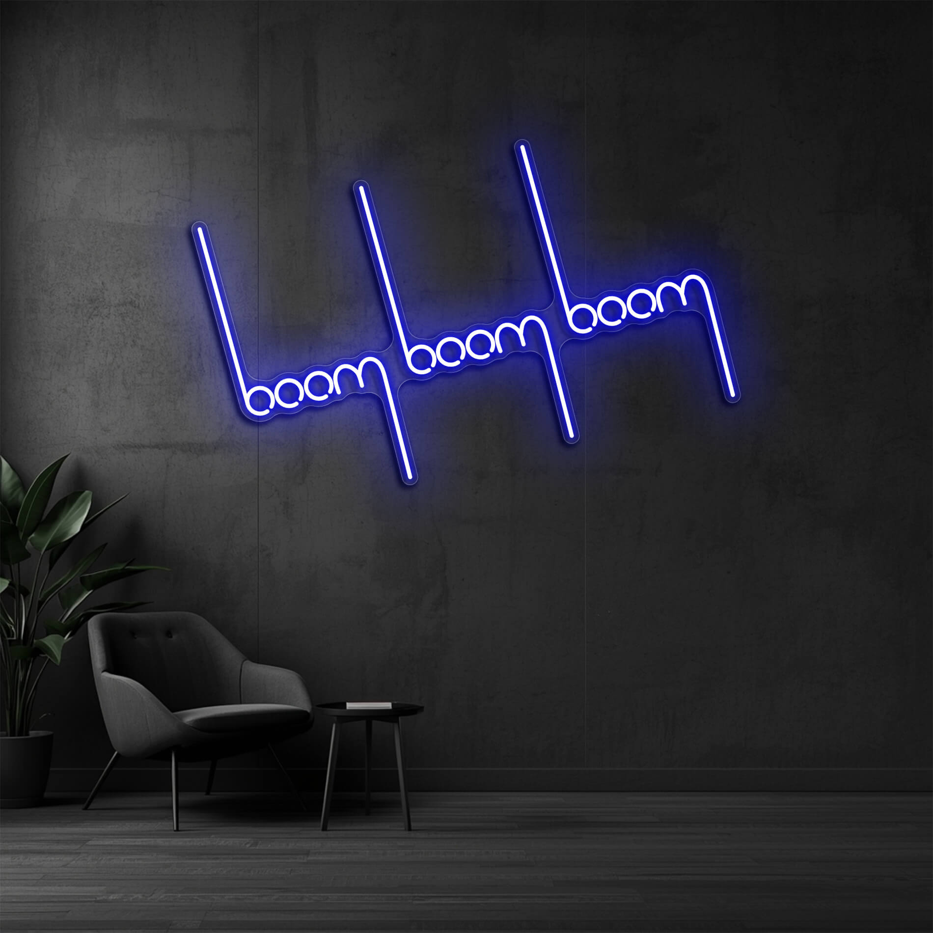 LED Neon Schild Boom Boom in blau als stylische LED Neon Wandbeleuchtung