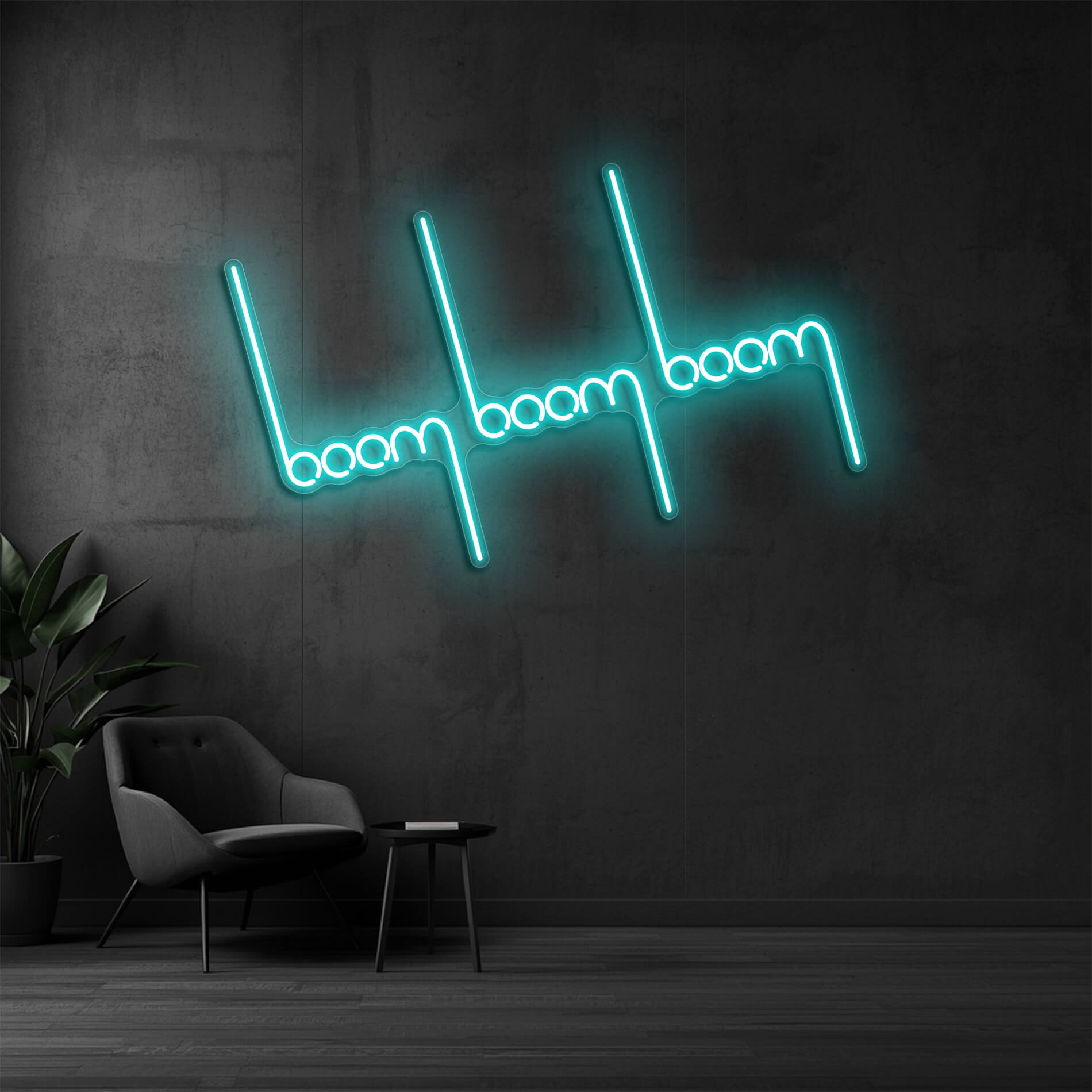 LED Neon Schild Boom Boom in eis-blau als stylische LED Neon Wandbeleuchtung