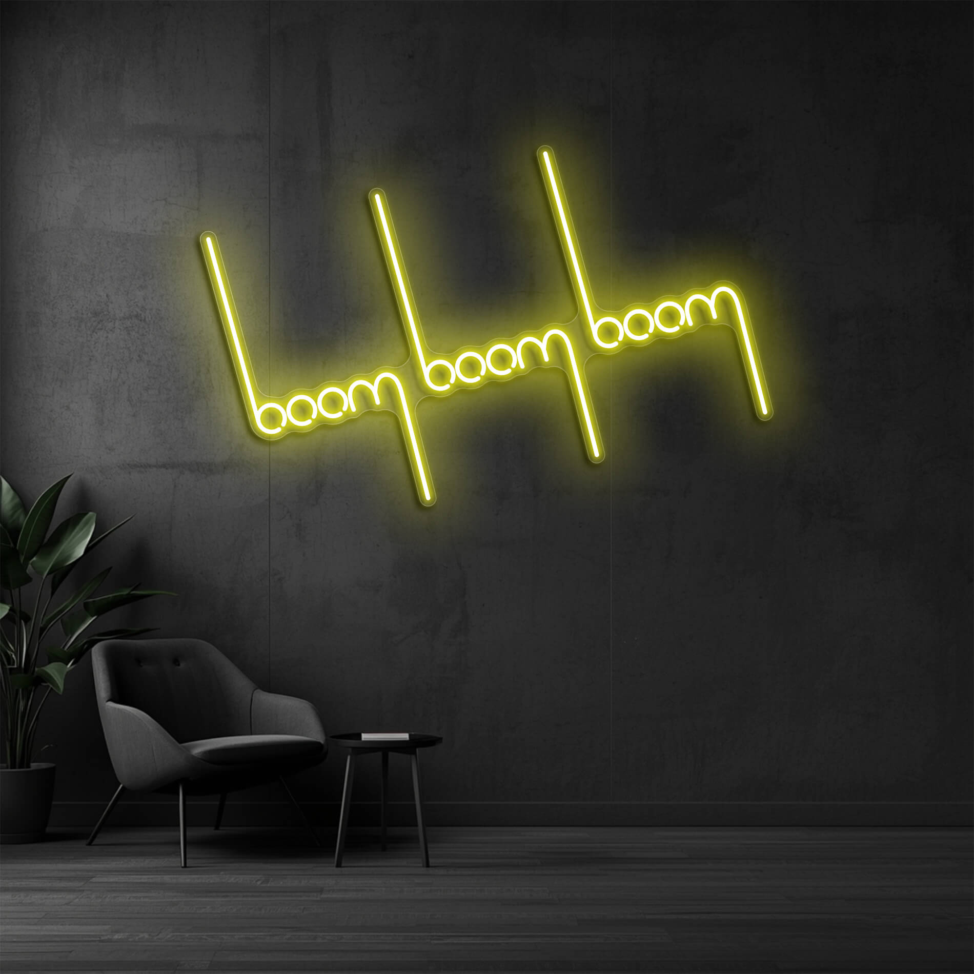 LED Neon Schild Boom Boom in gelb als stylische LED Neon Wandbeleuchtung