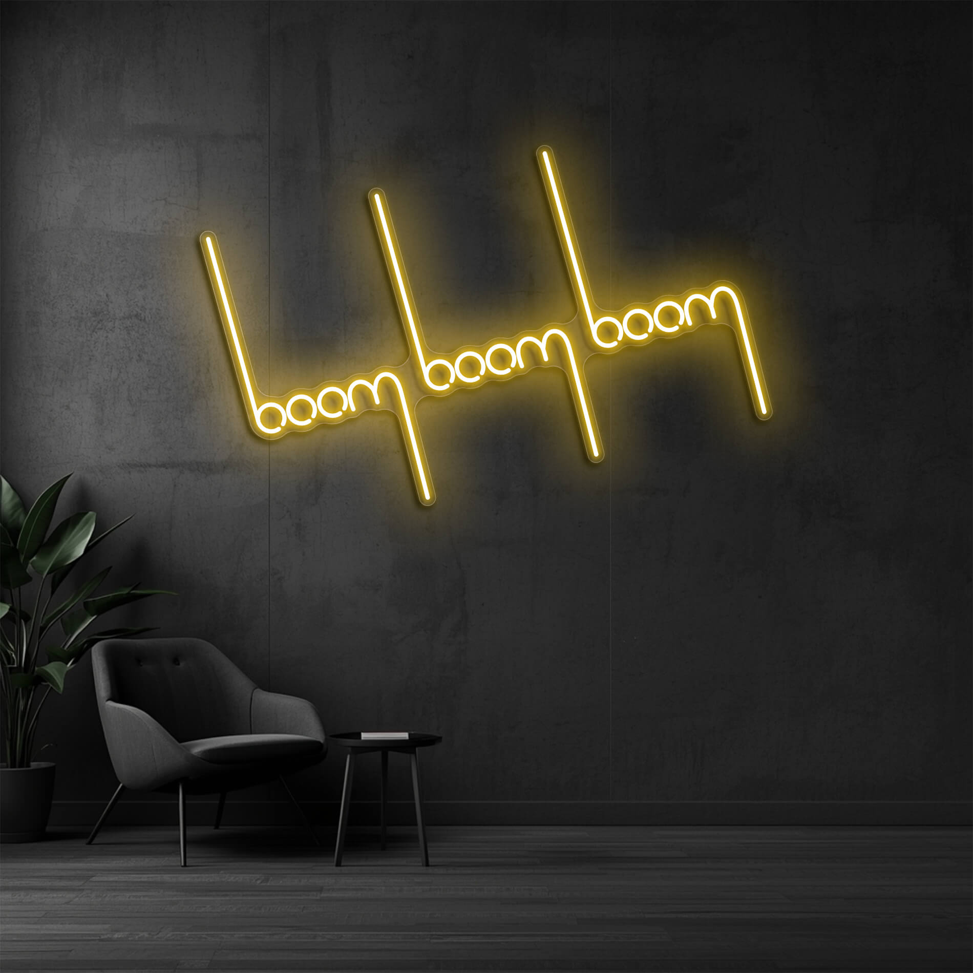 LED Neon Schild Boom Boom in gold-gelb als dekoratives Neonschild für Büro und Unternehmen