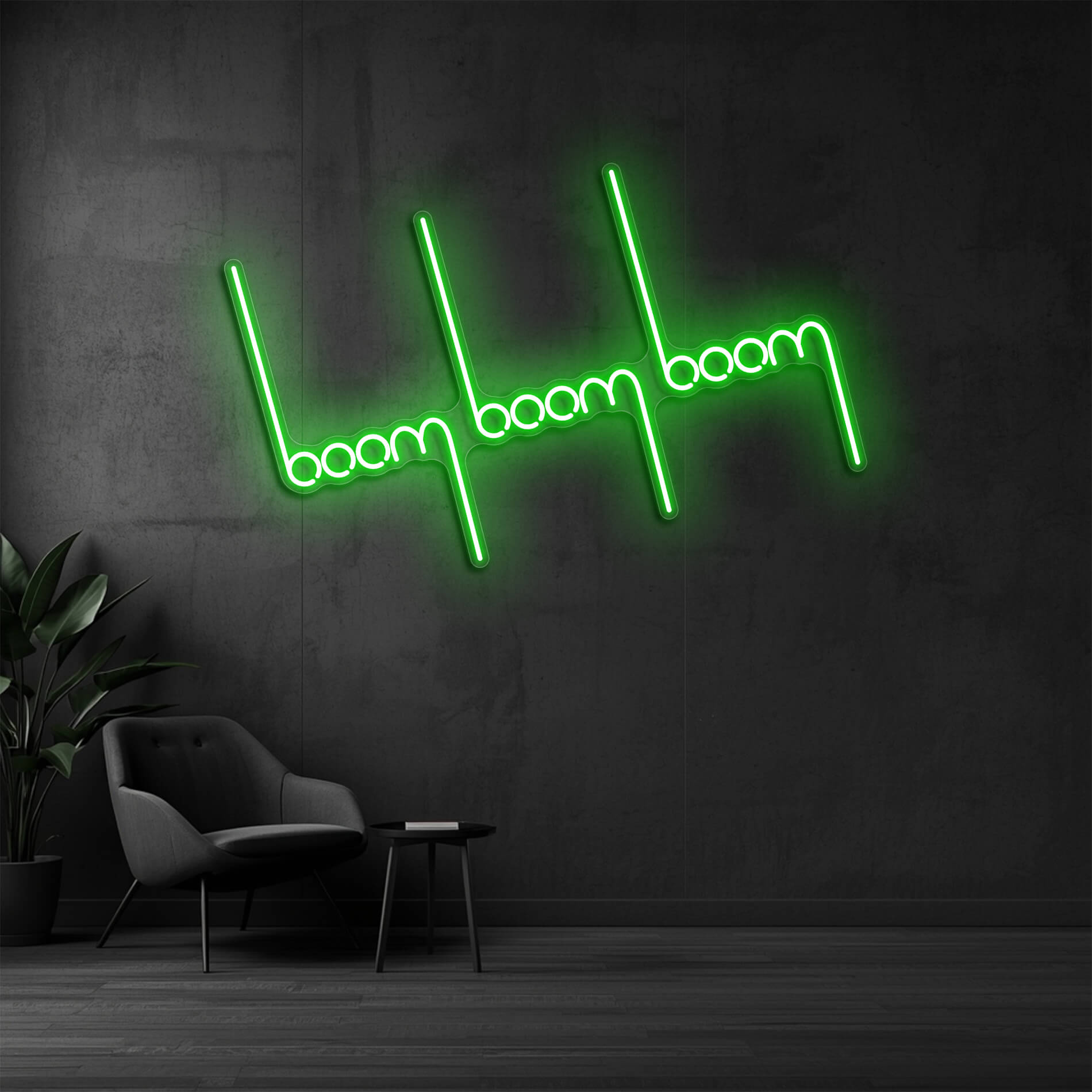 LED Neon Schild Boom Boom in gruen als dekoratives Neonschild für Büro und Unternehmen
