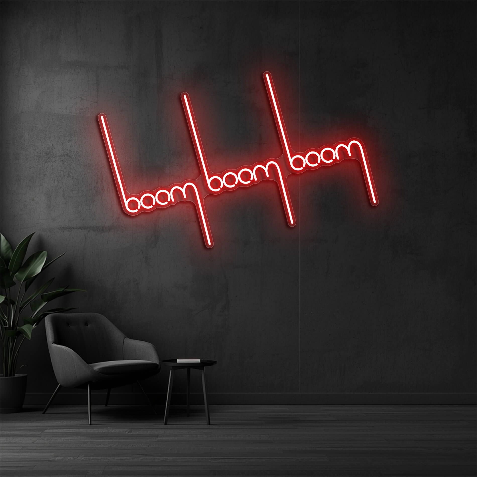 LED Neon Schild Boom Boom in rot als moderne Neon Wandbeleuchtung für Zuhause