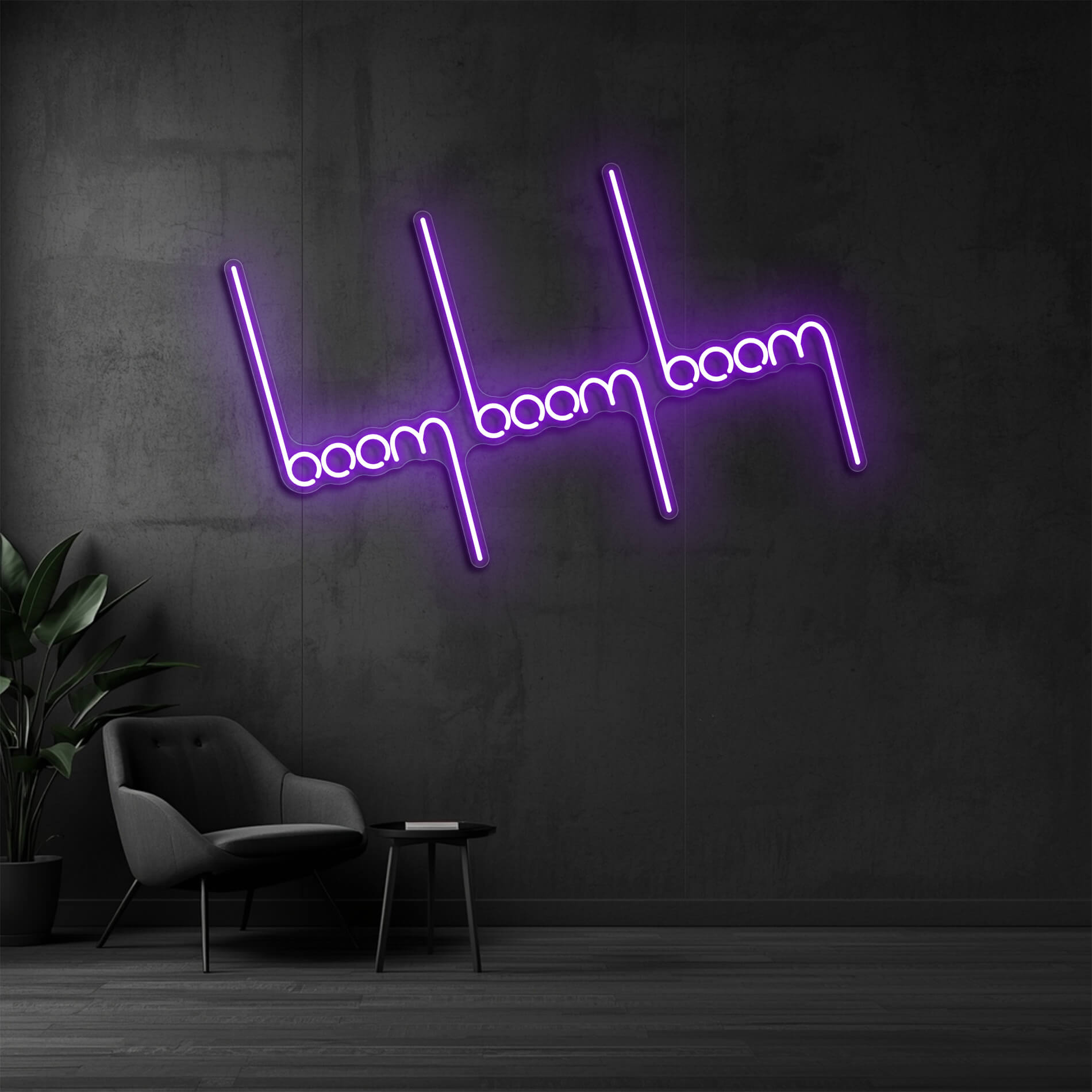 LED Neon Schild Boom Boom in violett als dekoratives Neonschild für Büro und Unternehmen
