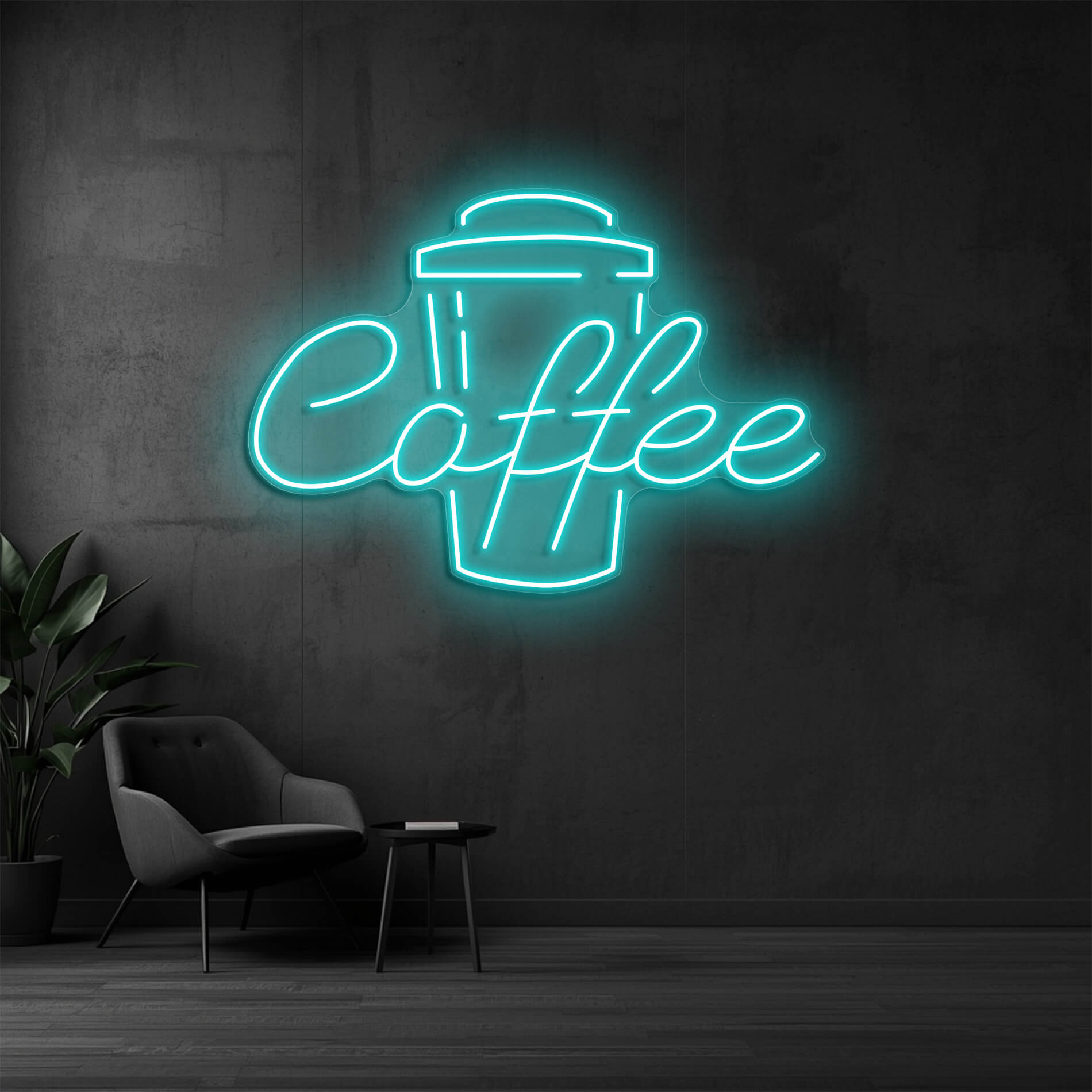 Coffee Neon Licht in eis-blau als moderne Wandbeleuchtung für Cafés und Bäckereien