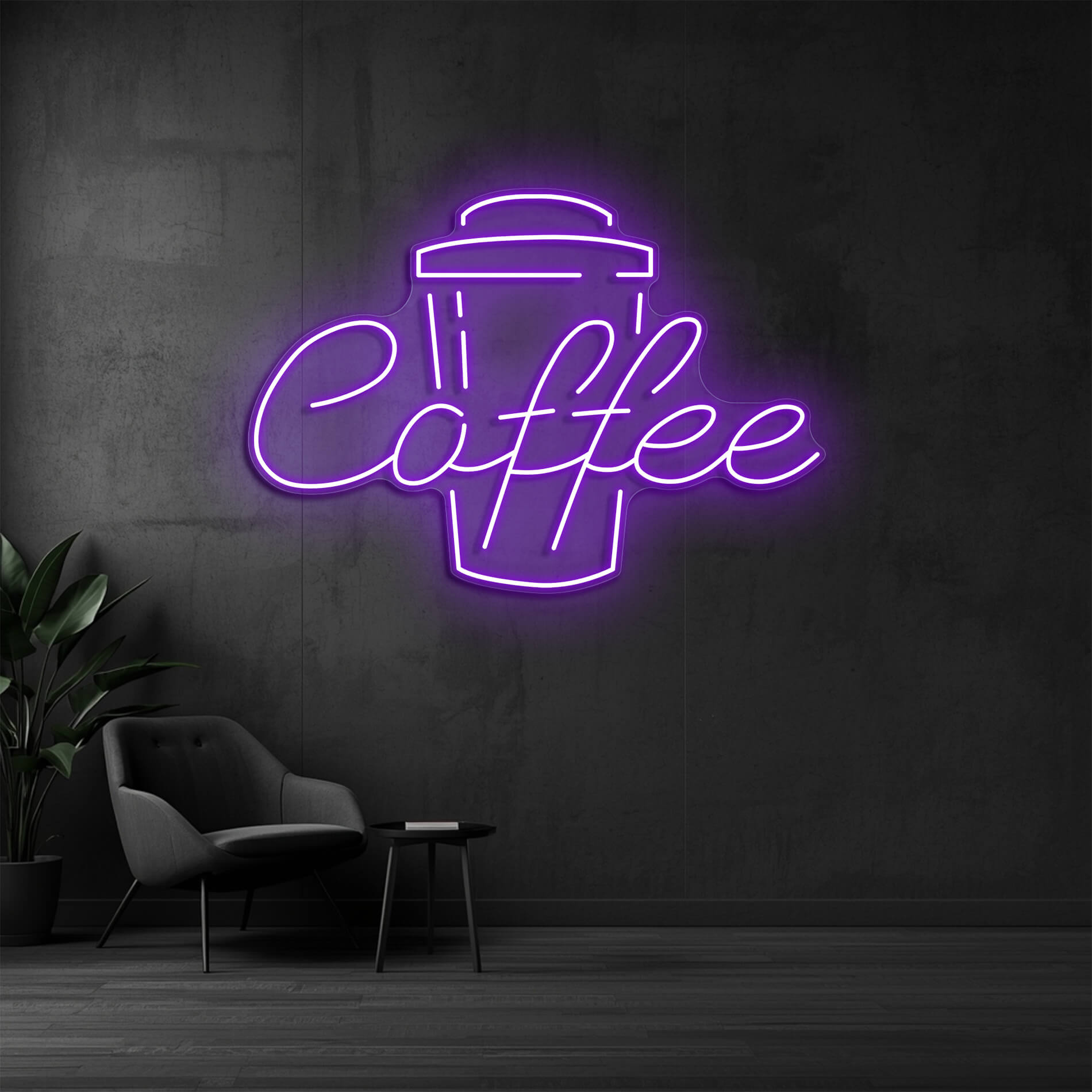 Coffee Neon Licht in violett als moderne Wandbeleuchtung für Cafés und Bäckereien