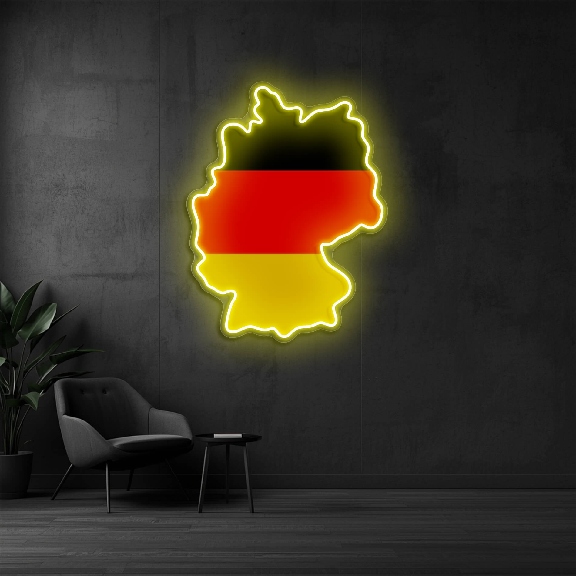 Germany Neon Sign aus Deutschland mit leuchtender Deutschlandkarte in gelb