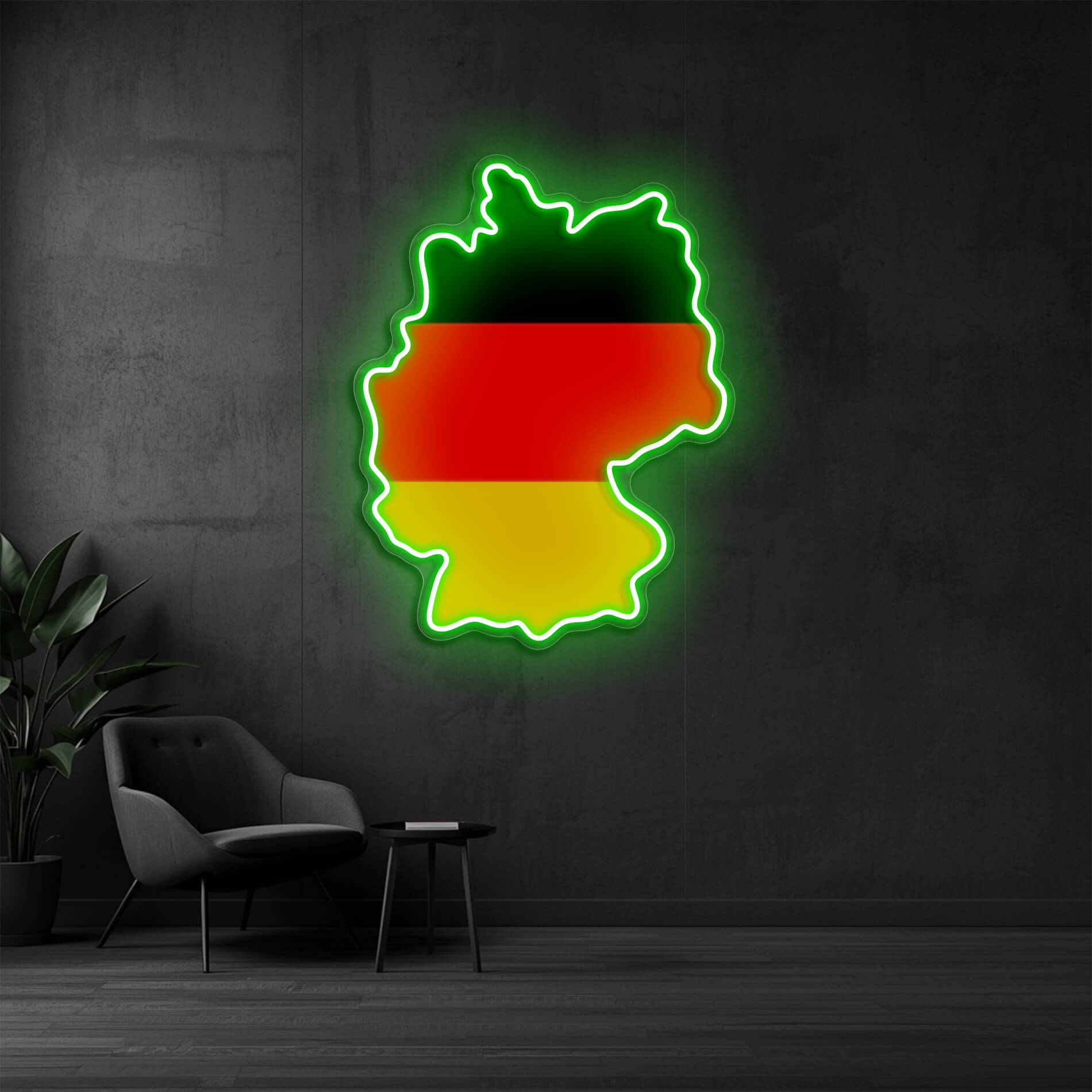 LED Neon Schild Deutschland hergestellt mit Deutschlandmotiv in gruen