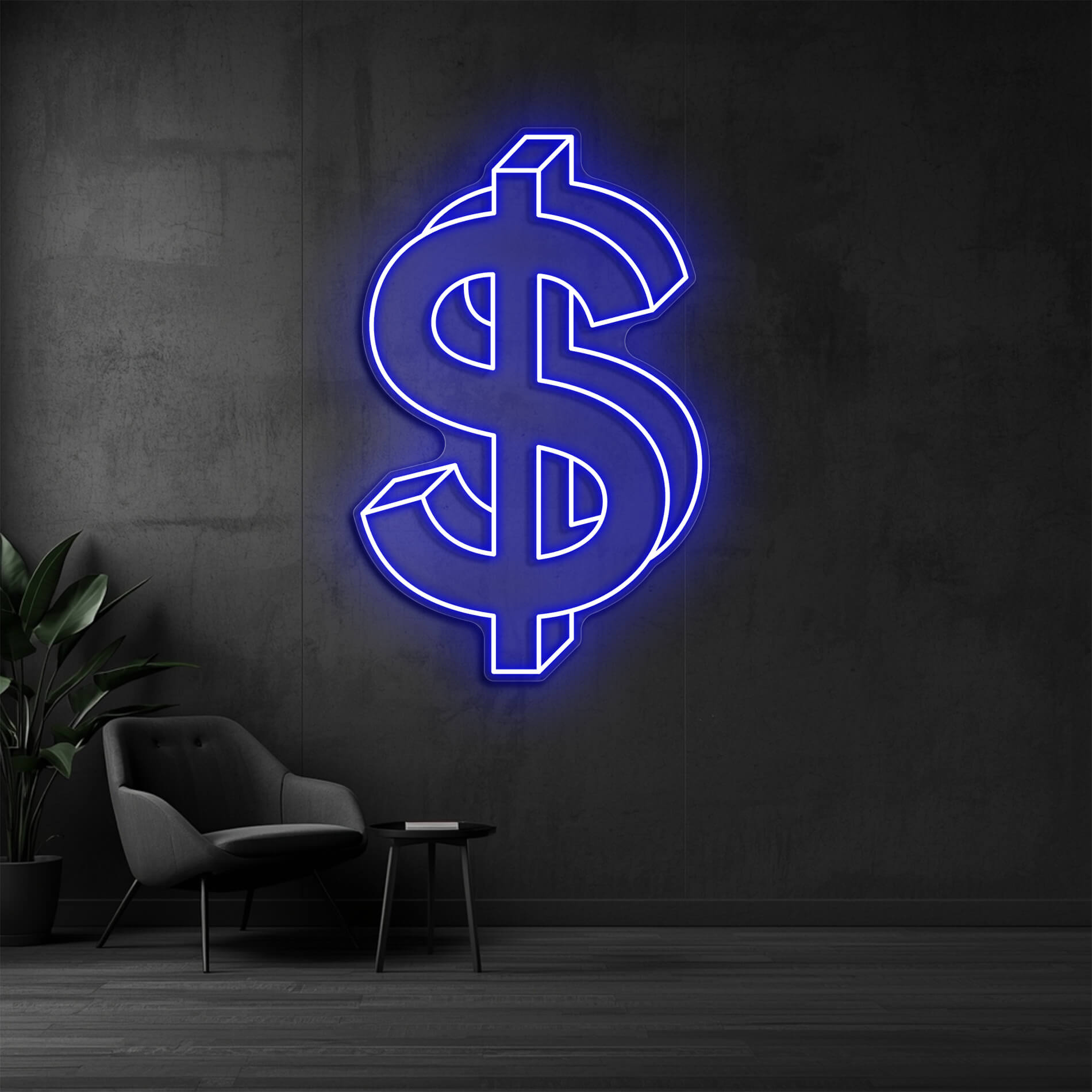 LED Dollar Symbol in blau als auffällige Beleuchtung für Büros