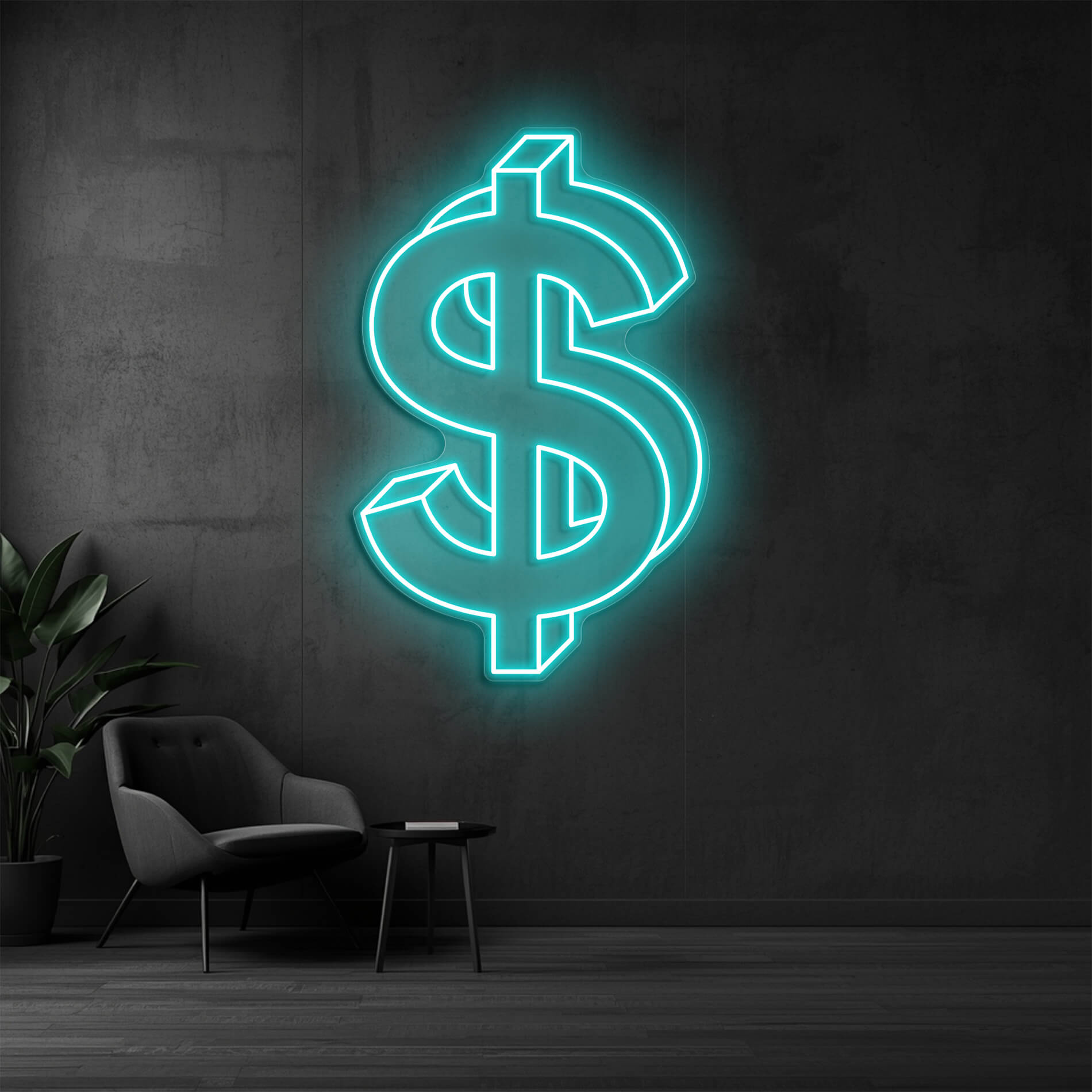 LED Dollar Symbol in eis-blau als auffällige Beleuchtung für Büros