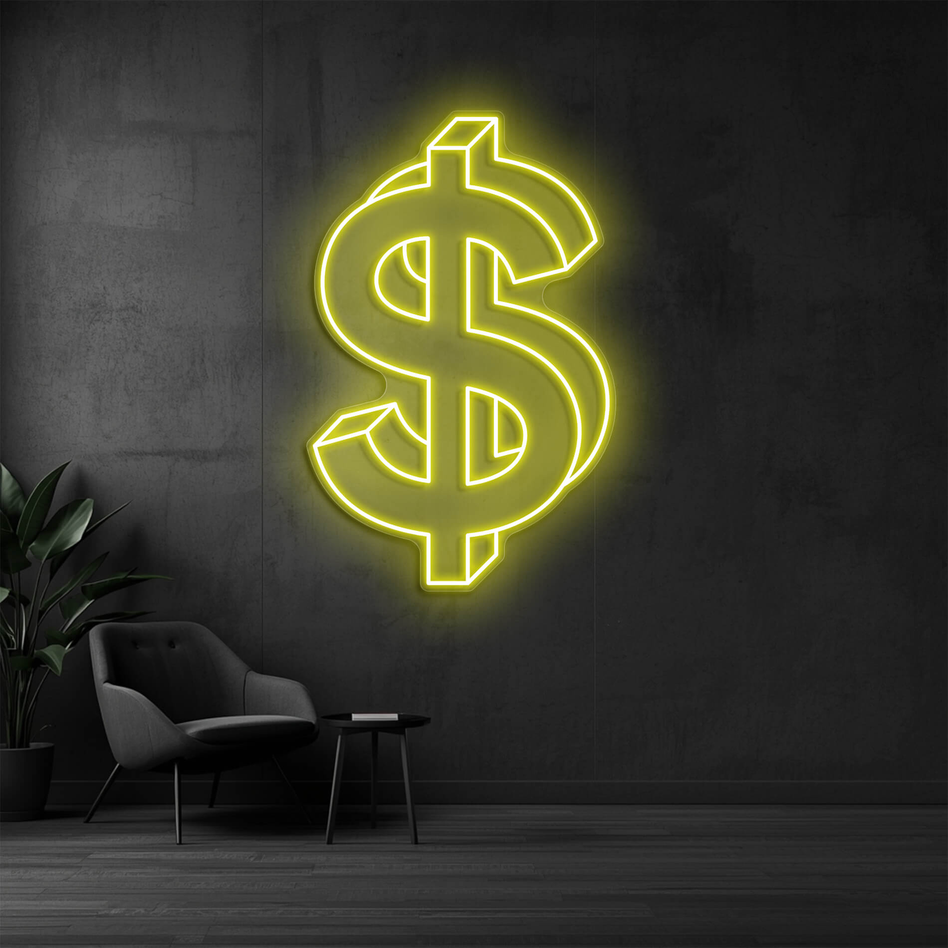LED Neon Dollarzeichen in gelb als moderne Wandbeleuchtung