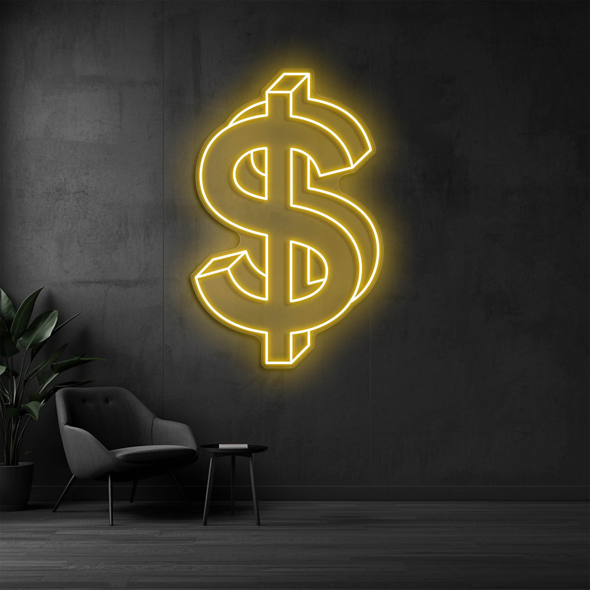Neon Dollar Zeichen in gold-gelb als Beleuchtung für Events und Partys