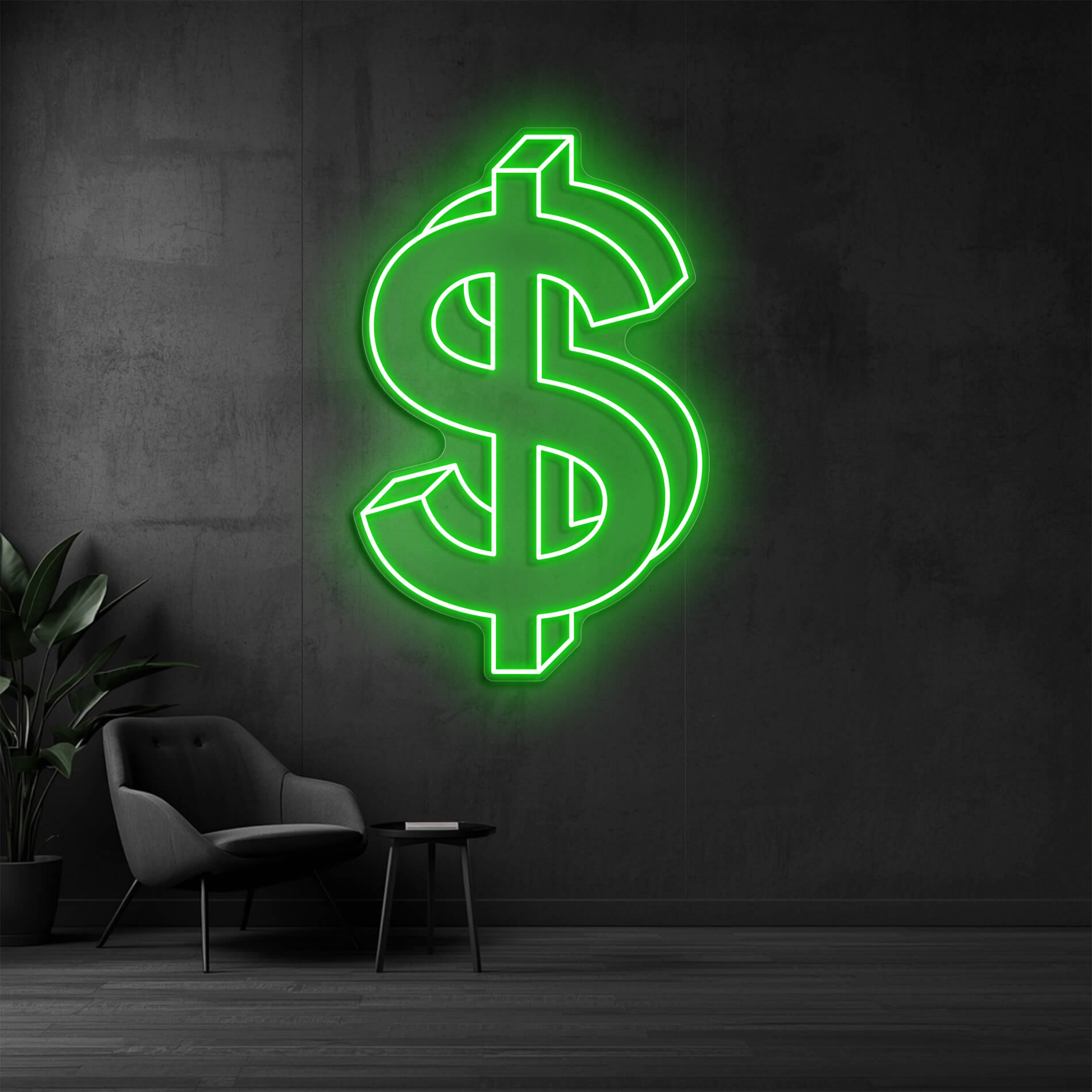 Dollar Neon Licht in gruen für Gaming Rooms und Streaming Hintergründe