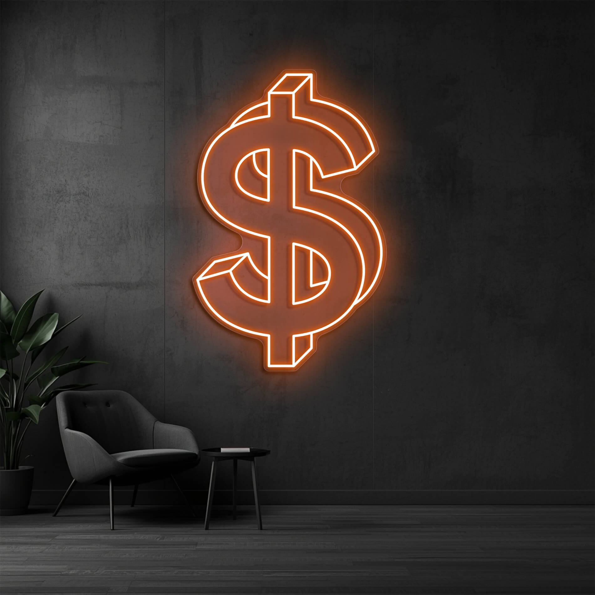 LED Neon Dollarzeichen in orange als moderne Wandbeleuchtung