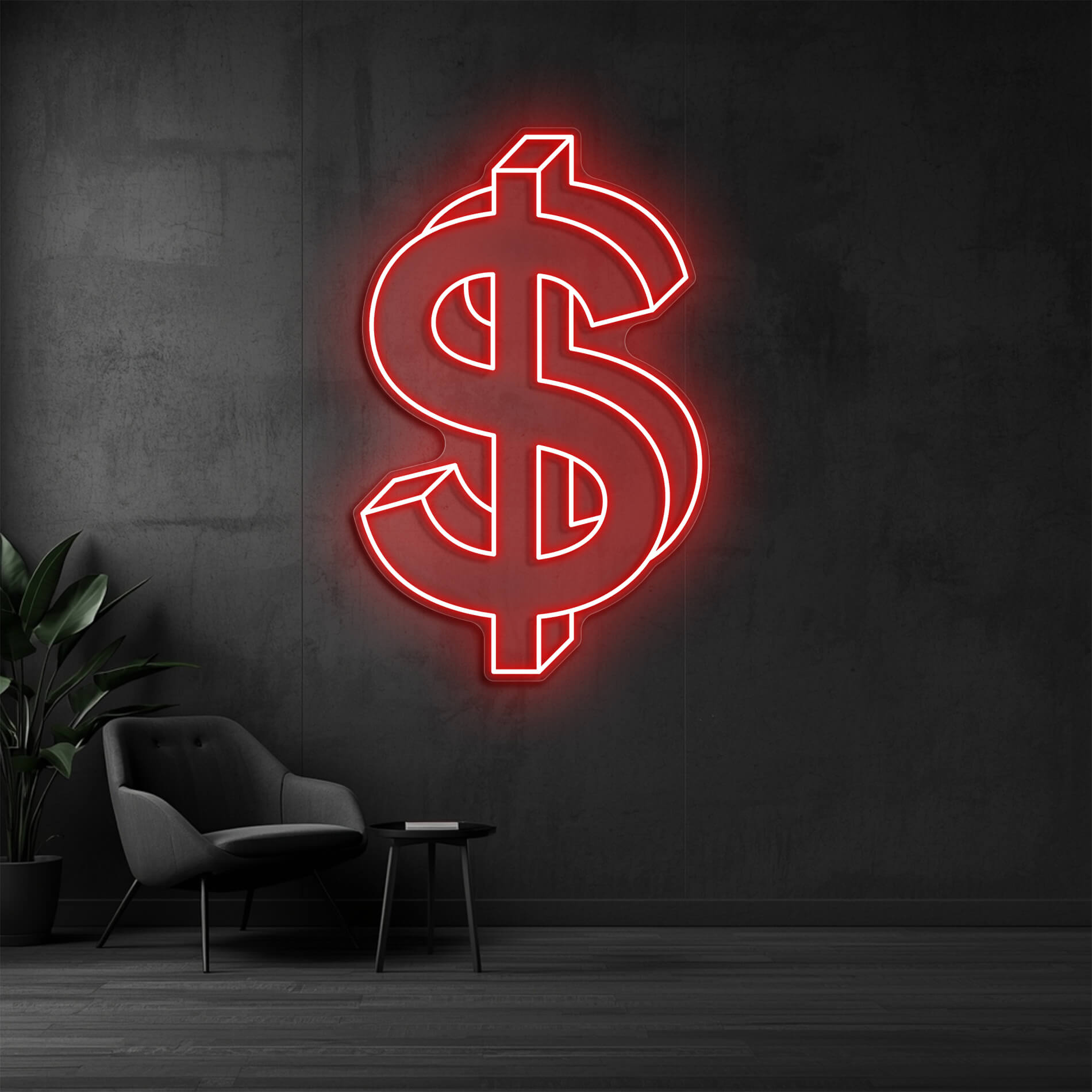 LED Neon Dollarzeichen in rot als moderne Wandbeleuchtung