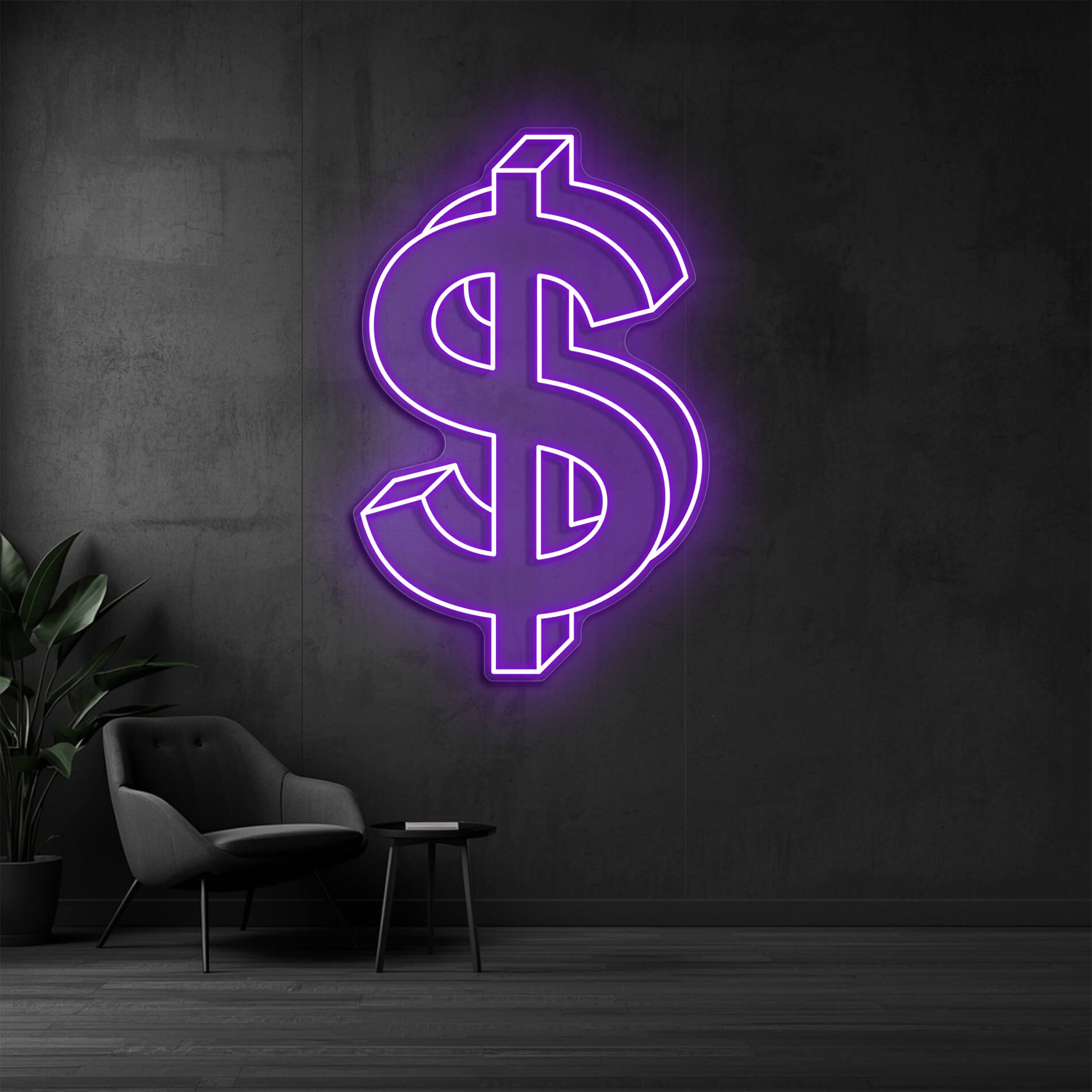 LED Dollar Symbol in violett als auffällige Beleuchtung für Büros