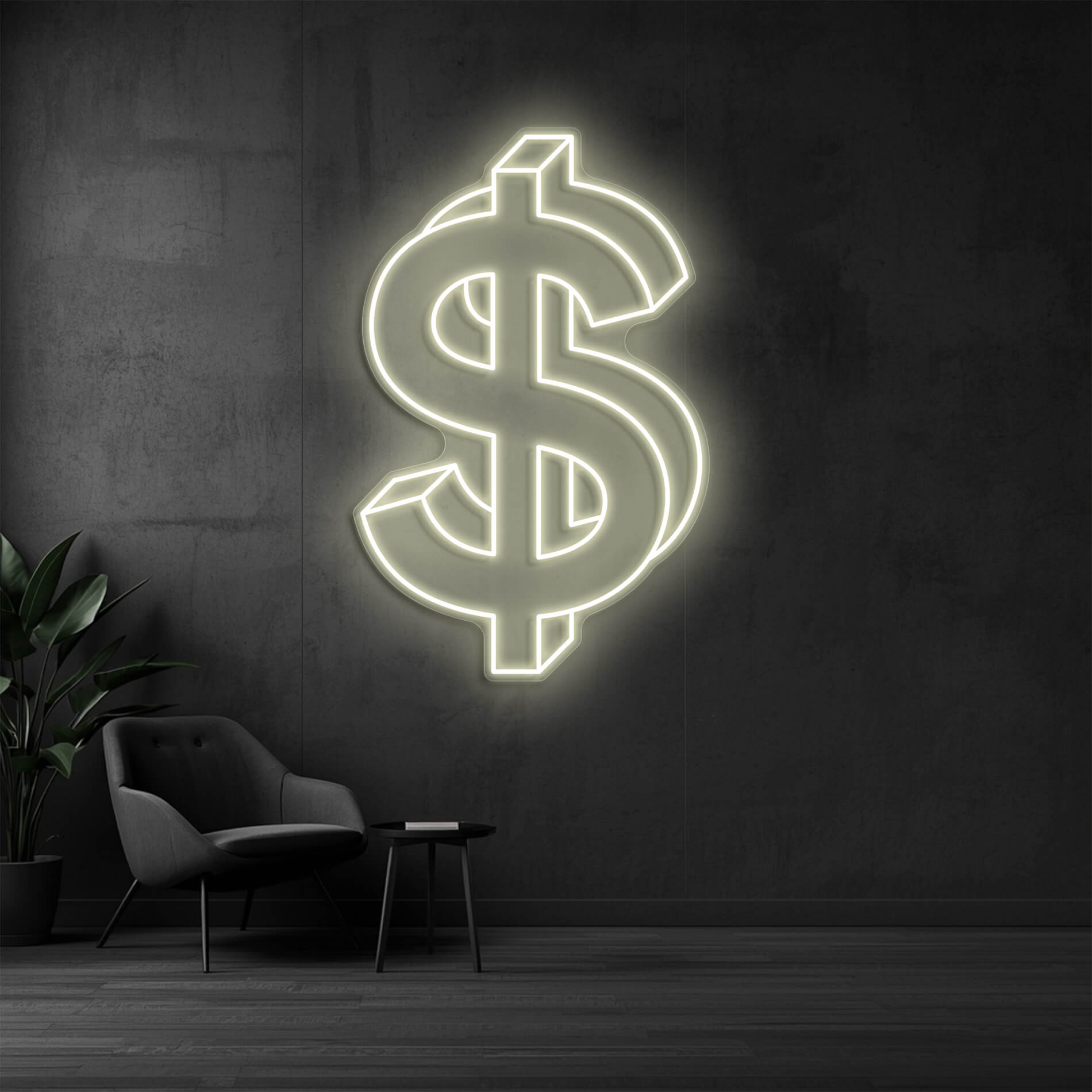 ED Neon Dollarzeichen in warm-weiss als moderne Wandbeleuchtung