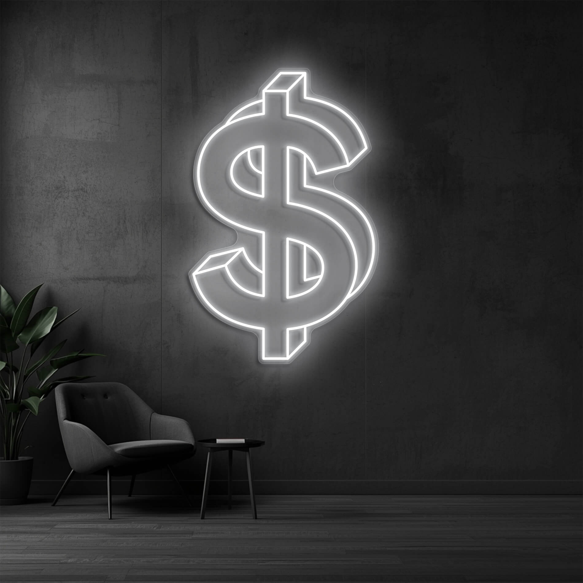 LED Dollar Symbol in weiss als auffällige Beleuchtung für Büros