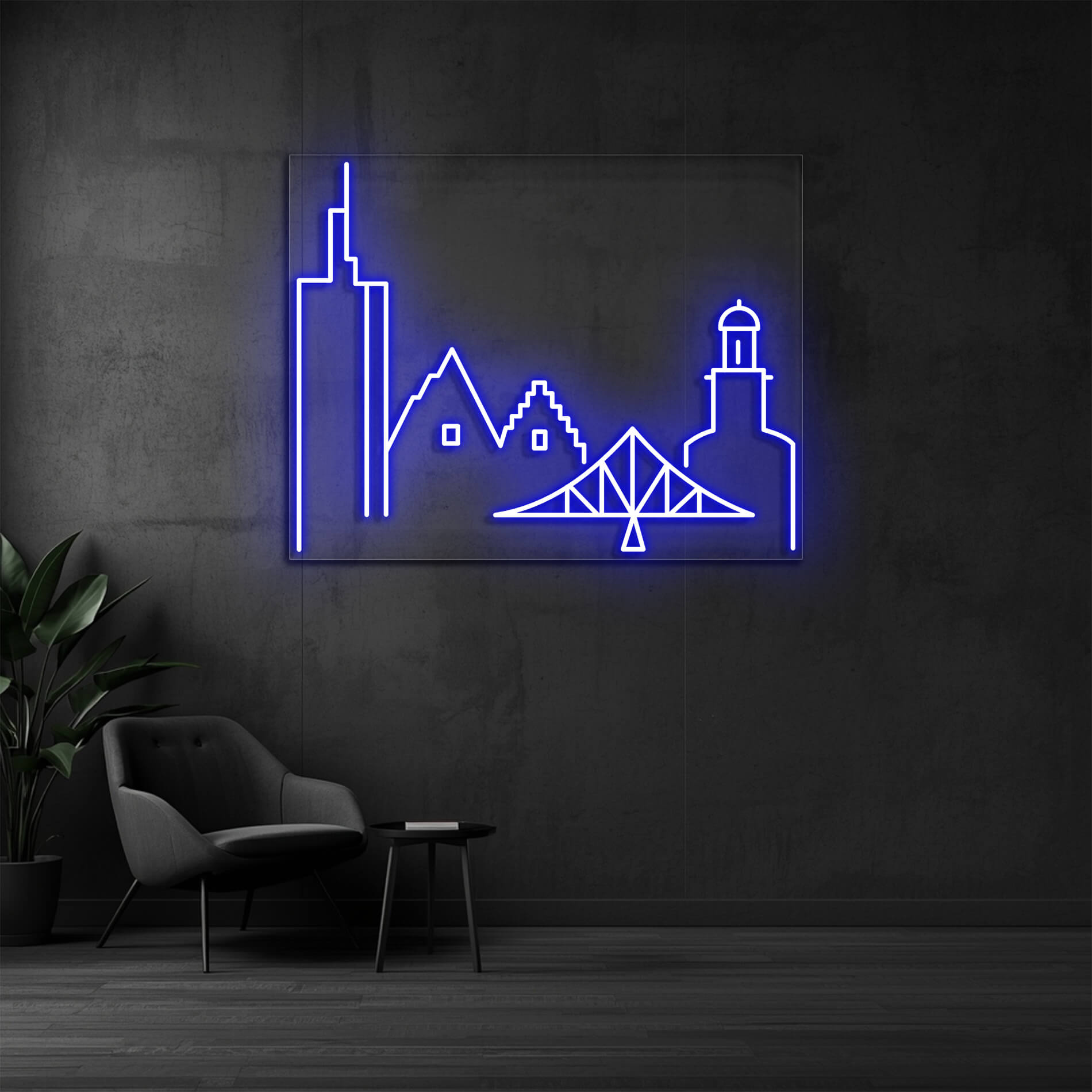 LED Neon Schild Frankfurt in blau als stilvolle Neonbeleuchtung für Büro oder Unternehmen