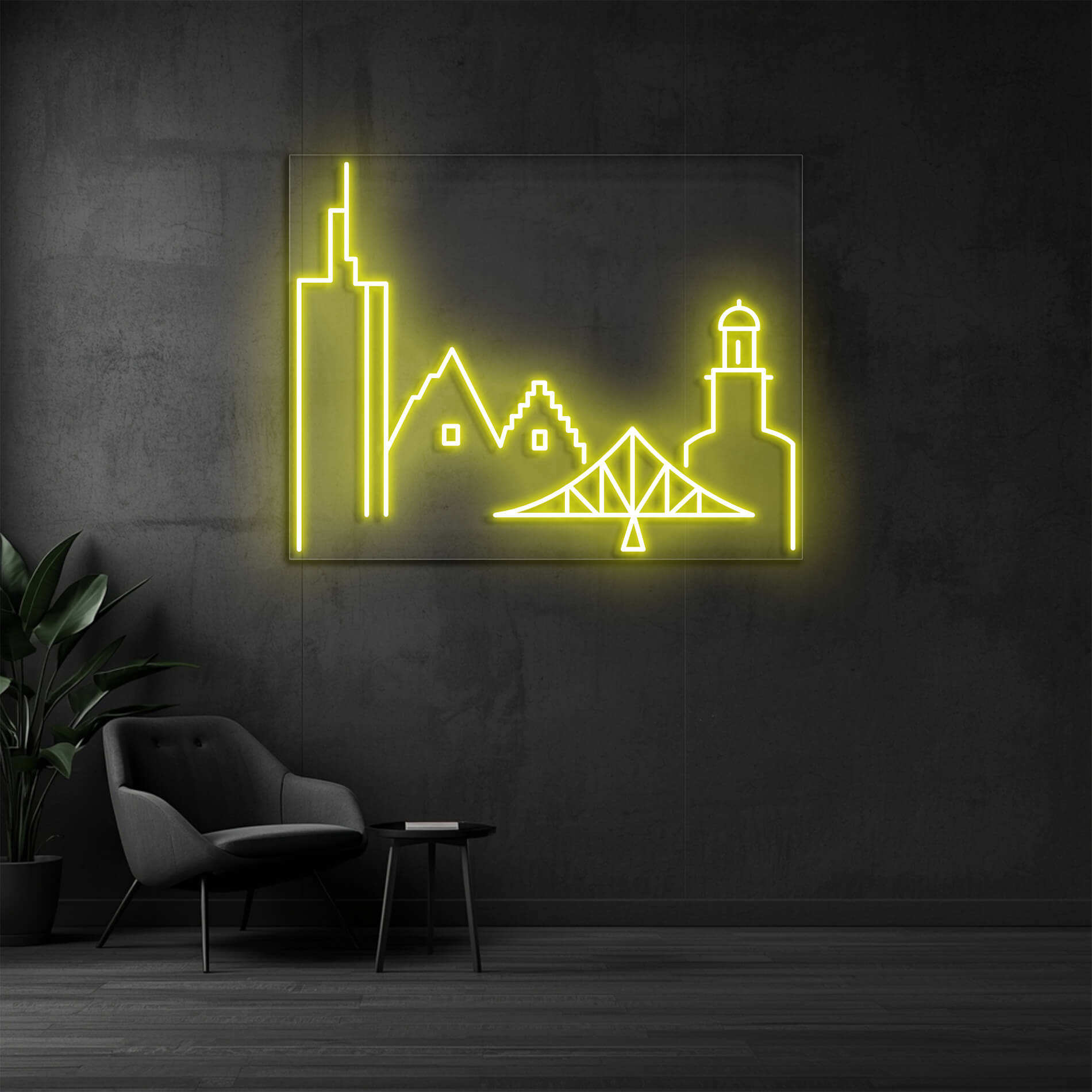 LED Neon Schild Frankfurt in gelb mit Commerzbank Tower und Eisernem Steg
