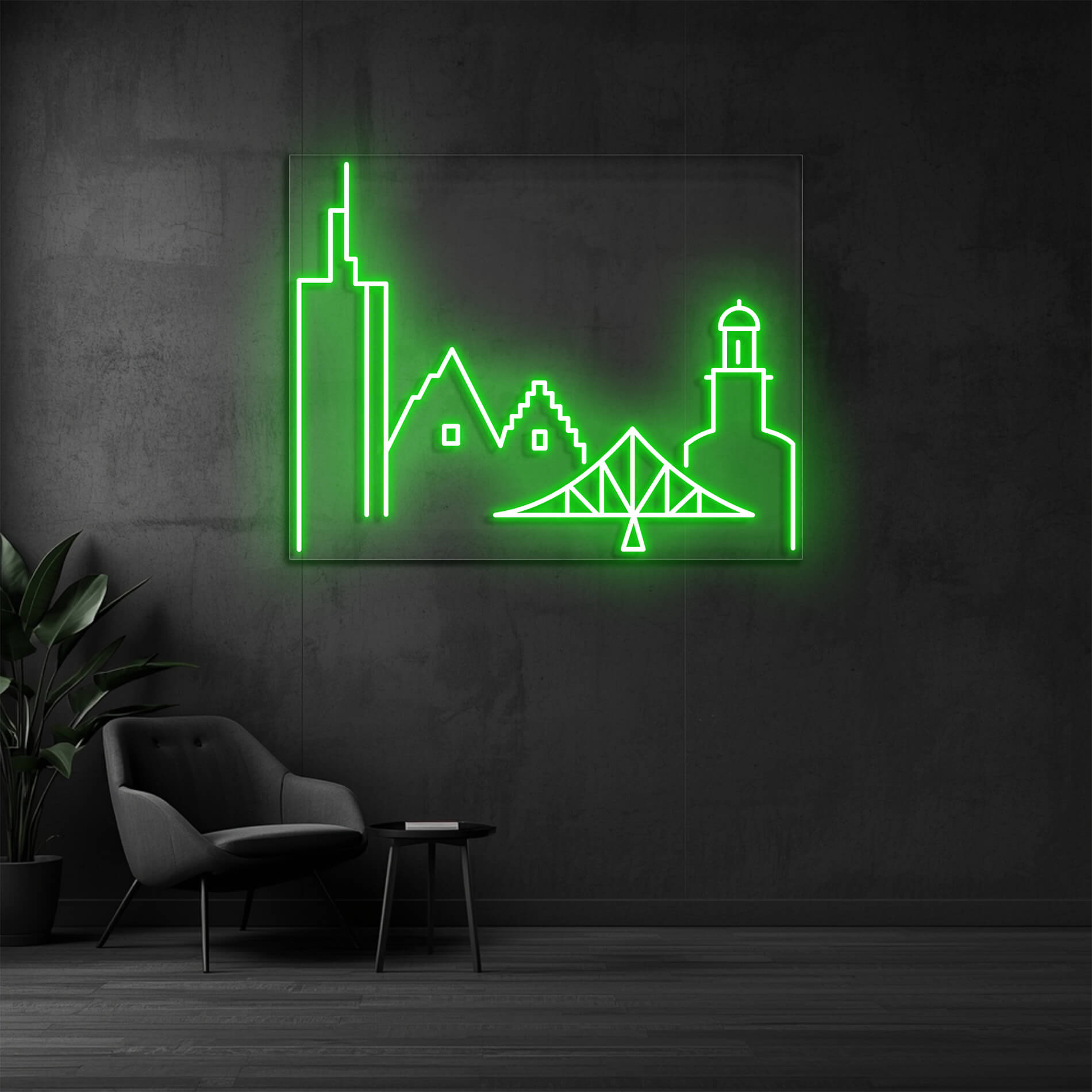 LED Neon Schild Frankfurt in gruen als stilvolle Neonbeleuchtung für Büro oder Unternehmen