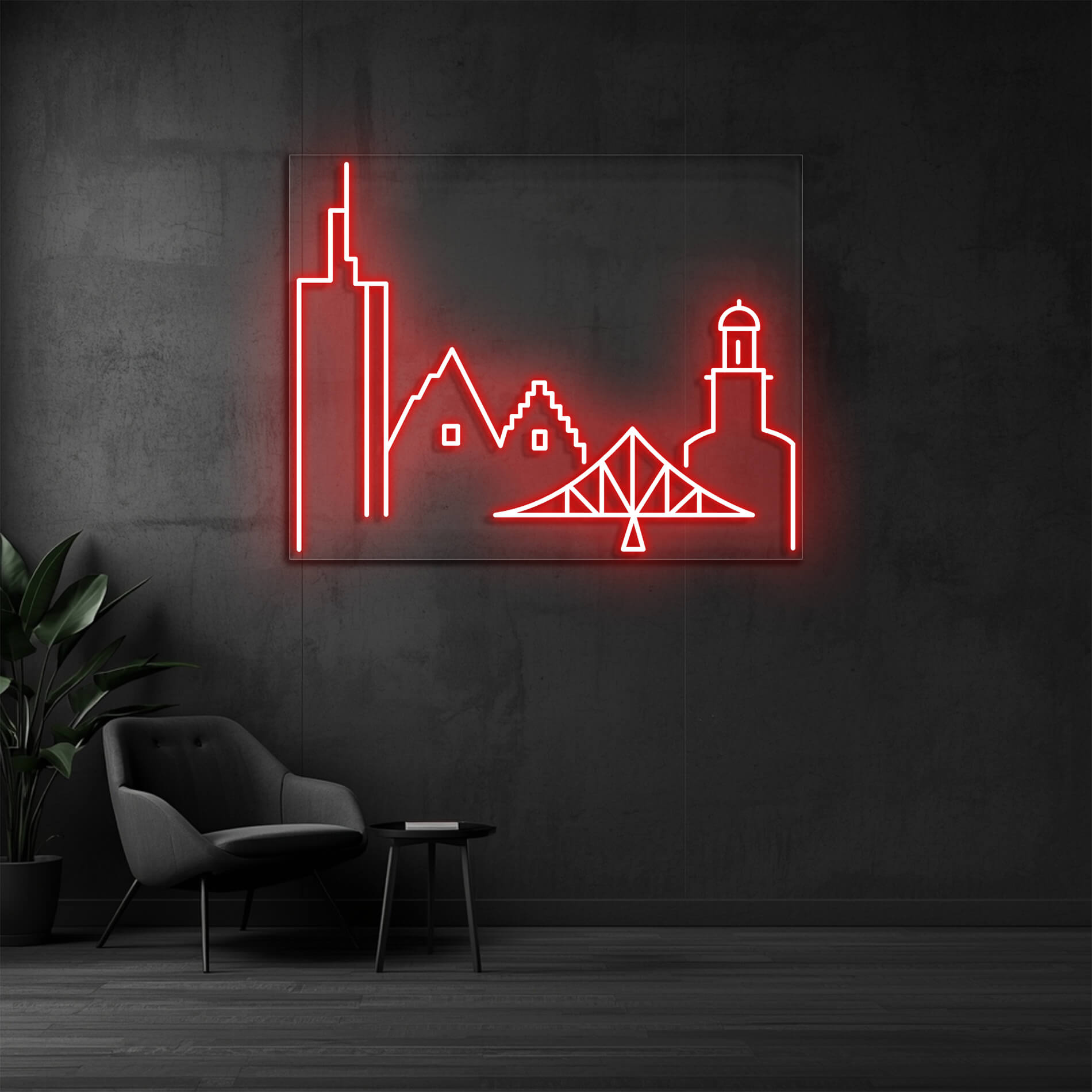 LED Neon Schild Frankfurt in rot mit Commerzbank Tower und Eisernem Steg