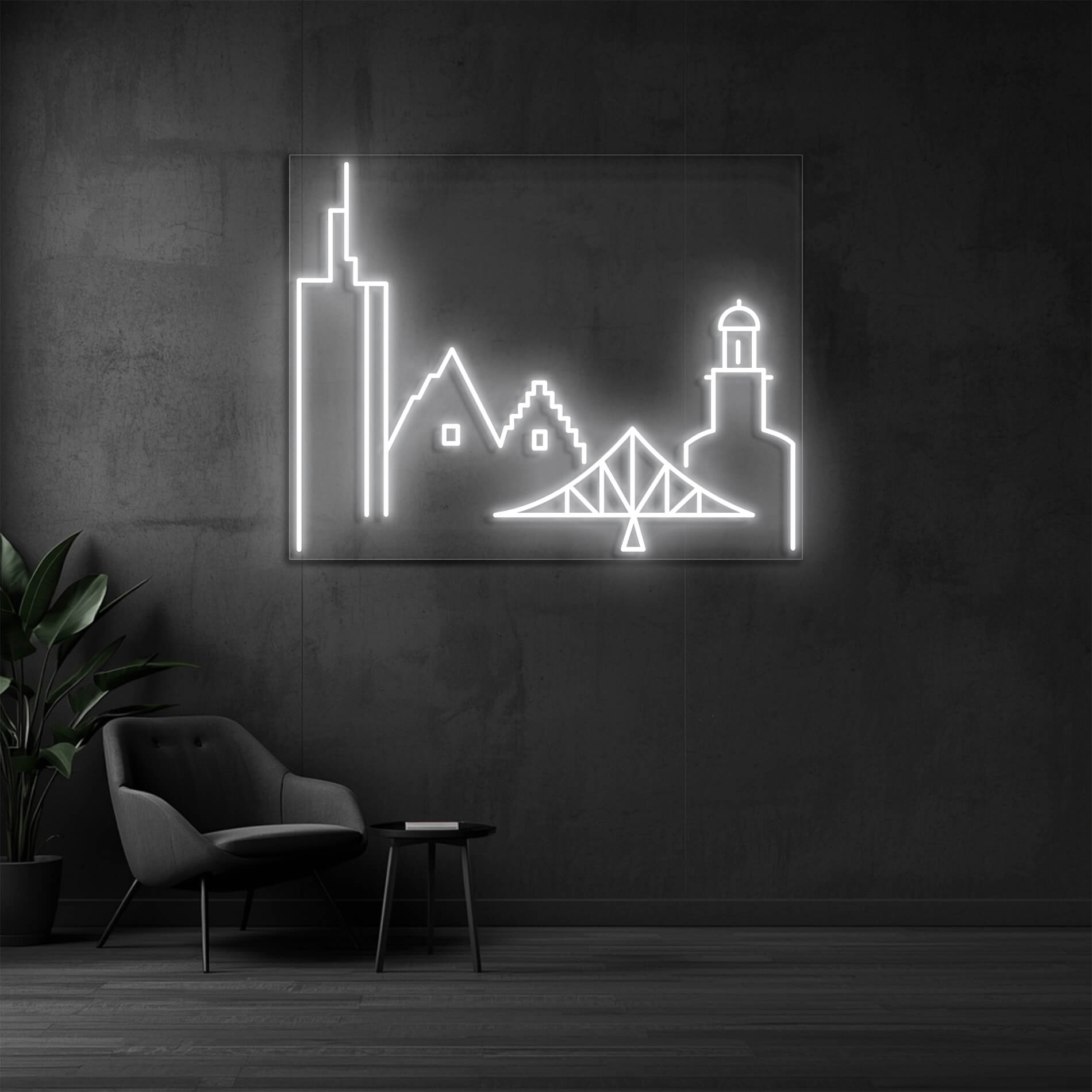 LED Neon Schild Frankfurt in weiss mit Commerzbank Tower und Eisernem Steg
