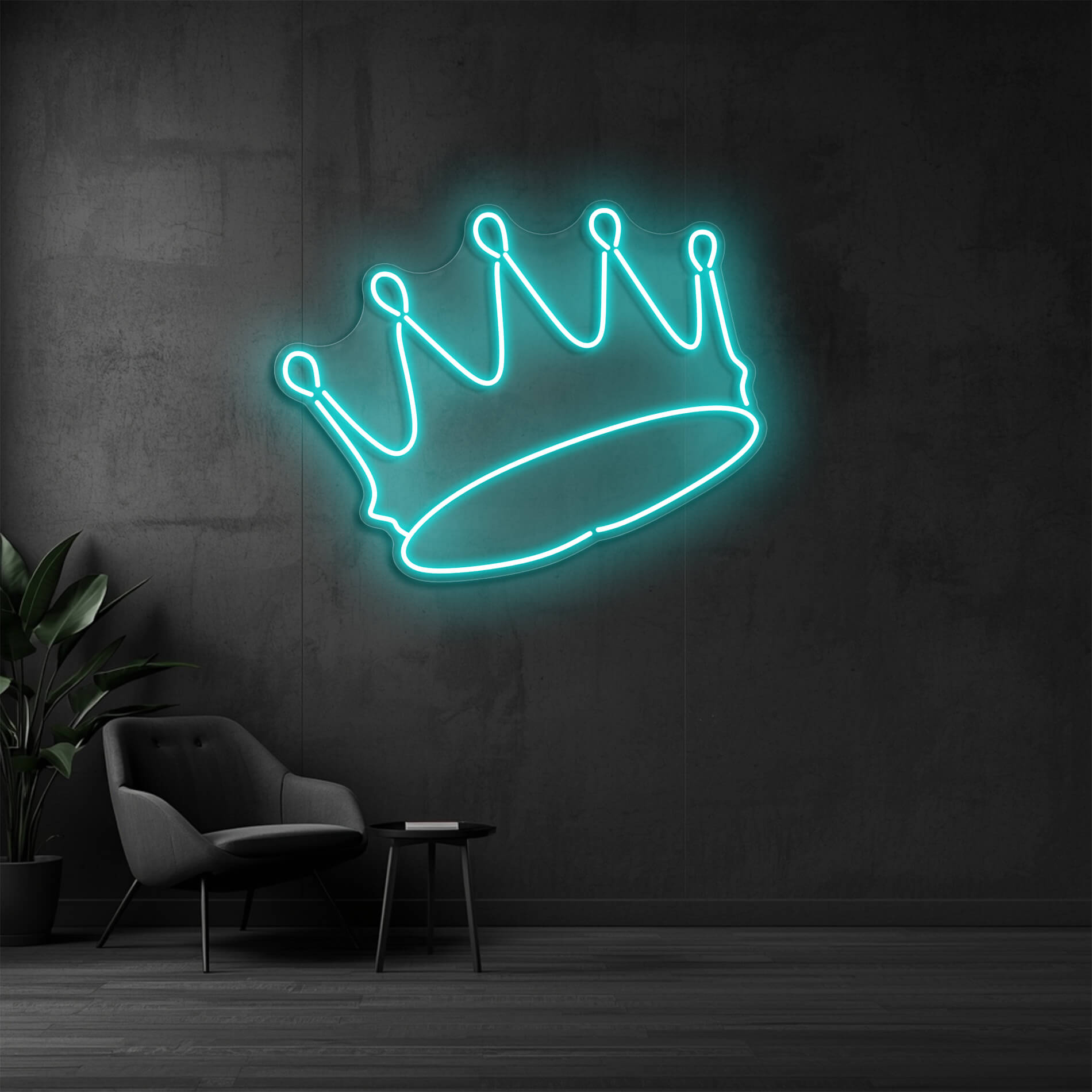 LED Neon Schild Krone in eis-blau als moderne Wandbeleuchtung für Wohnräume