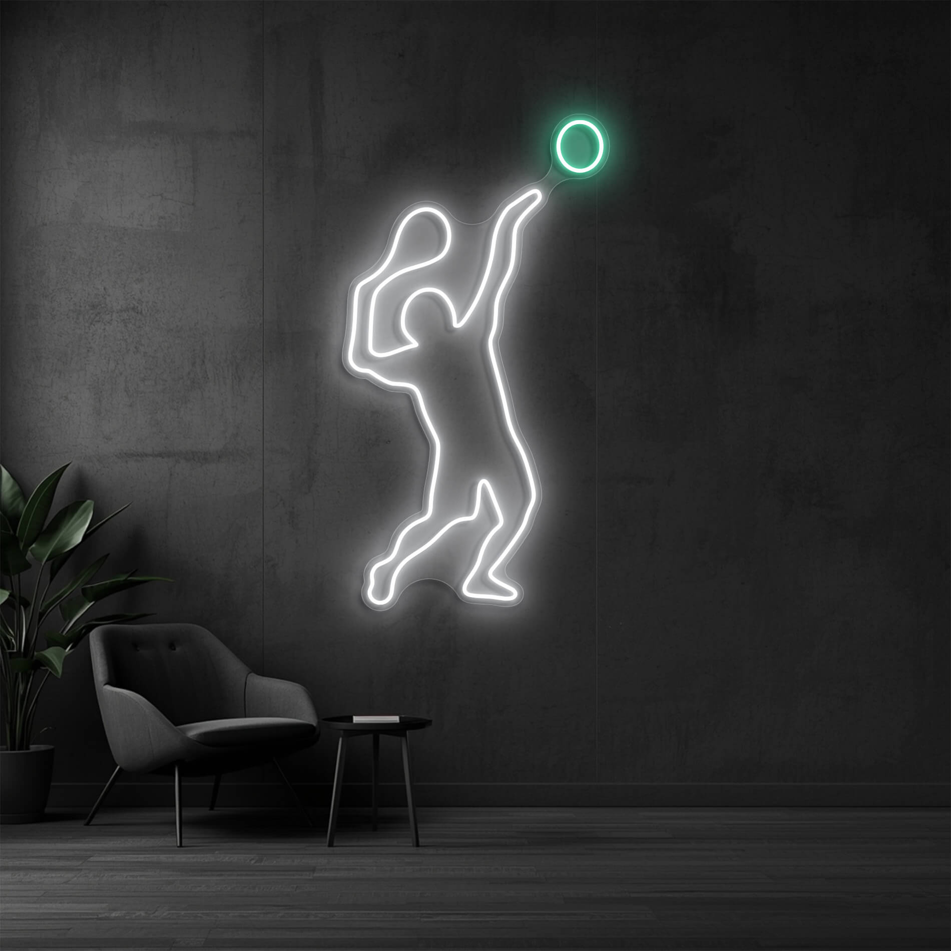 LED Neon Tennis Spieler weiss und mintgrün als sportliches Lichtmotiv