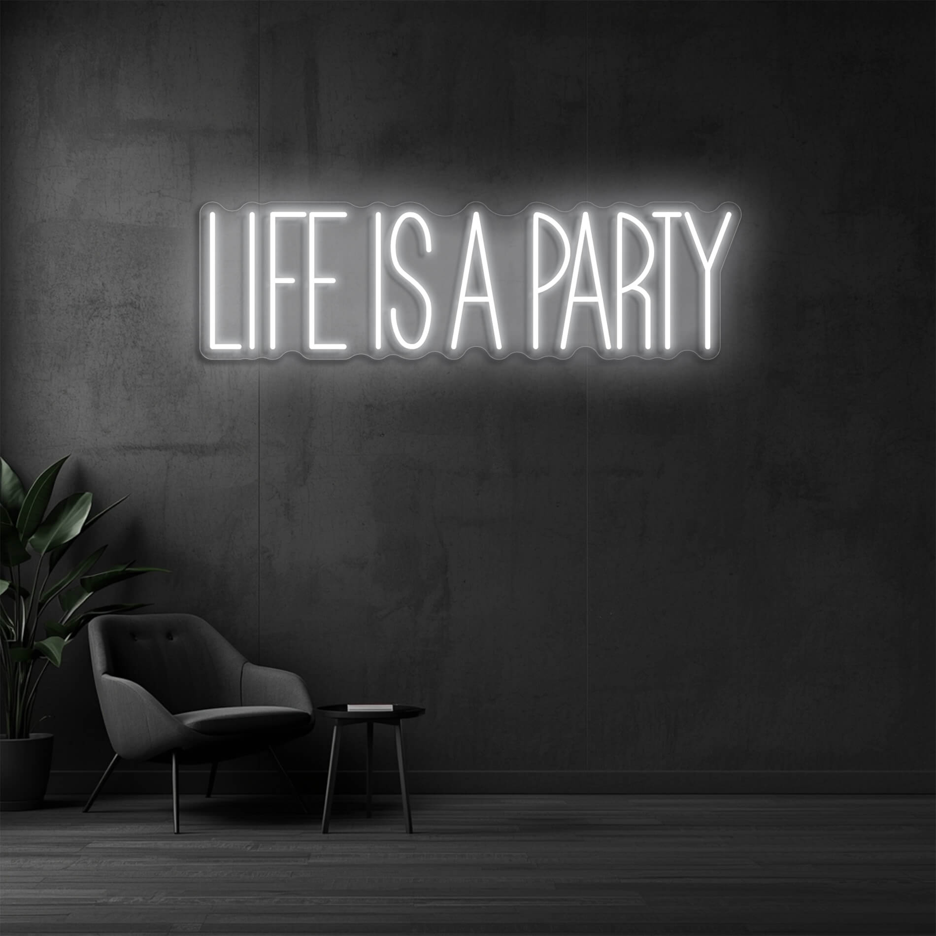 Life Is A Party LED Neon weiss als Eventlicht