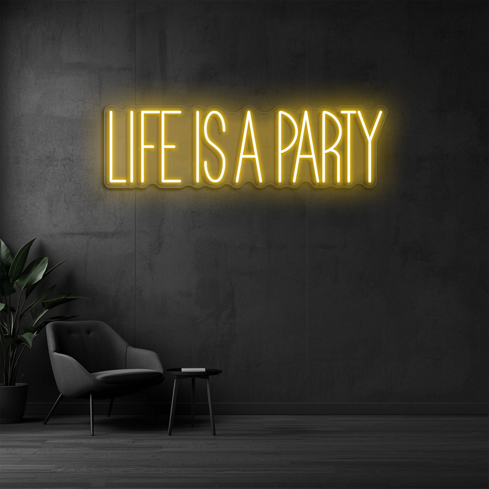 Life Is A Party Neon Design goldgelb für Partyräume