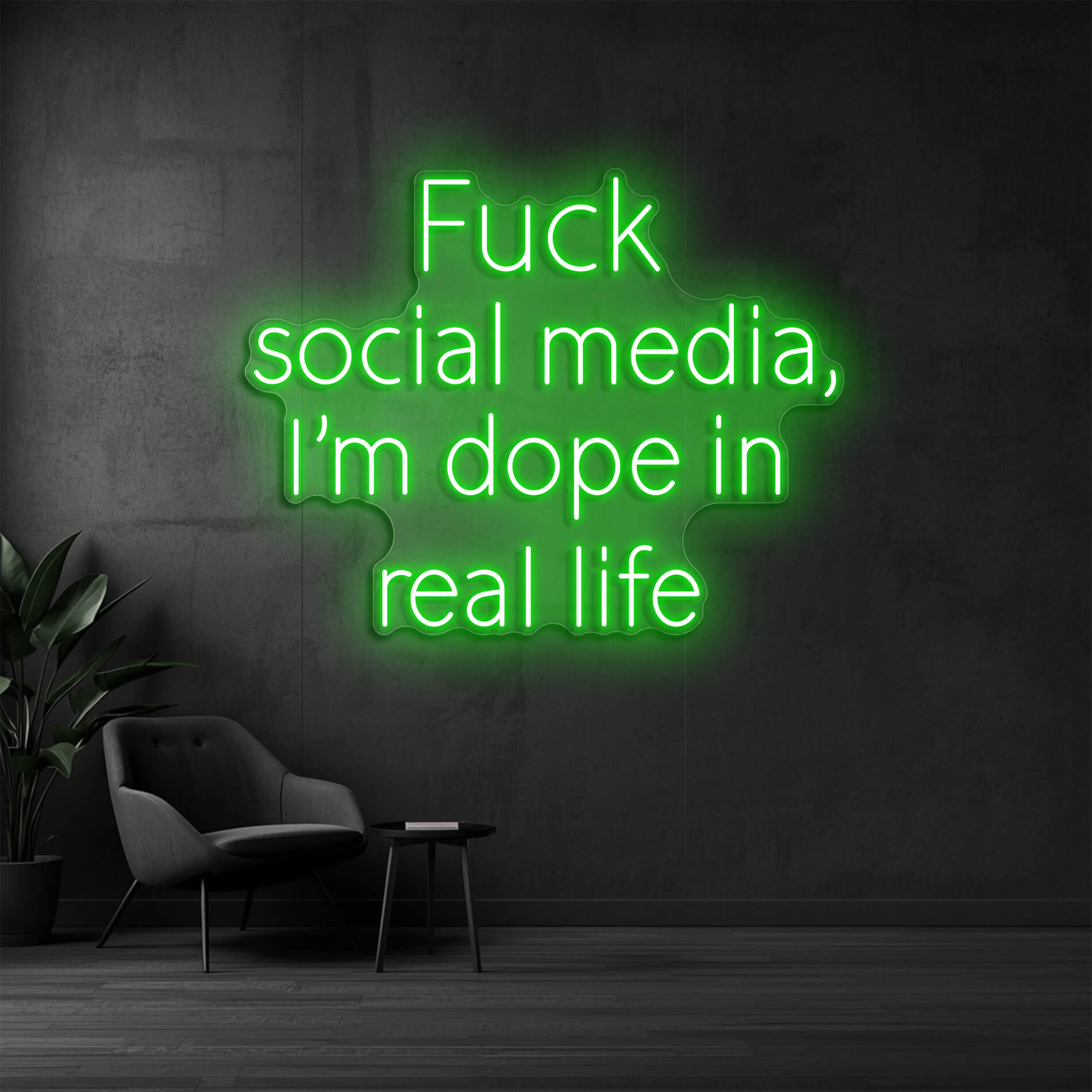 Neon Lichtinstallation I'm dope in real life in gruen für kreative Räume