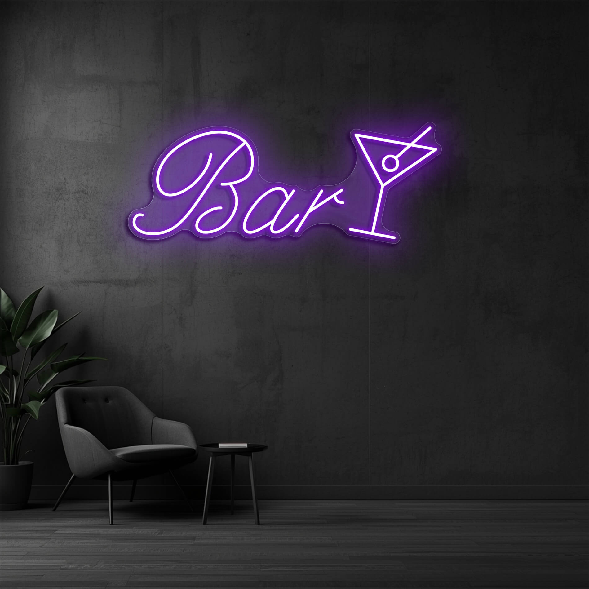 Neon Lampe Bar mit Cocktailglas in violett als auffälliges Neonschild für Unternehmen, Restaurants und Bars