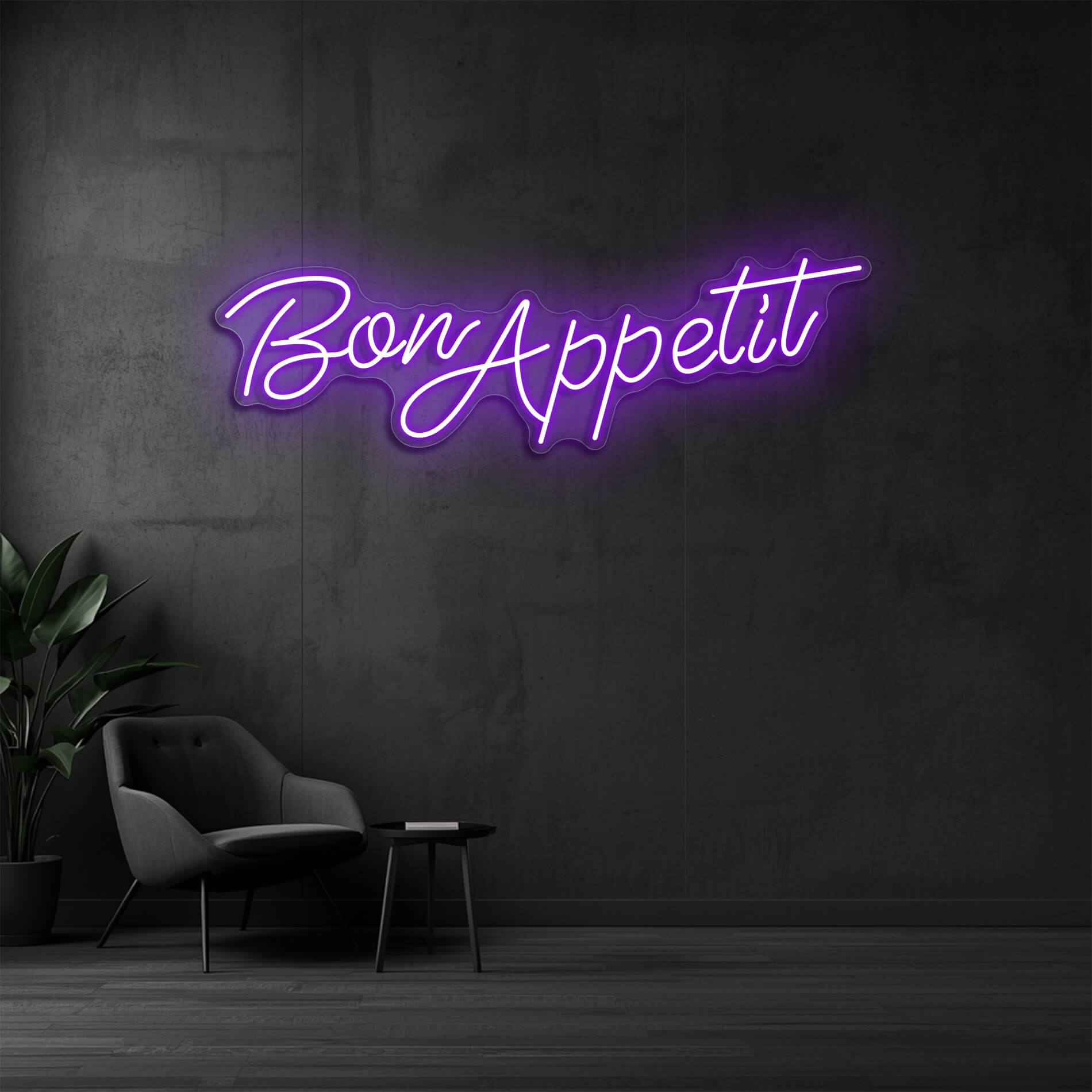Neonschild Restaurant Bon Appetit in violett als dekorative Leuchtschrift für Pizzeria oder Restaurant