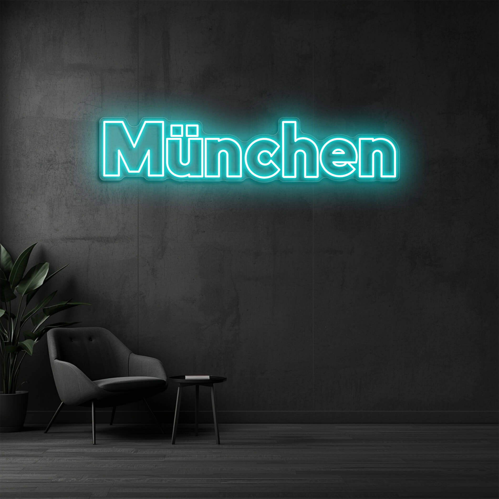 Neonschild München eisblau als Stadtbeleuchtung