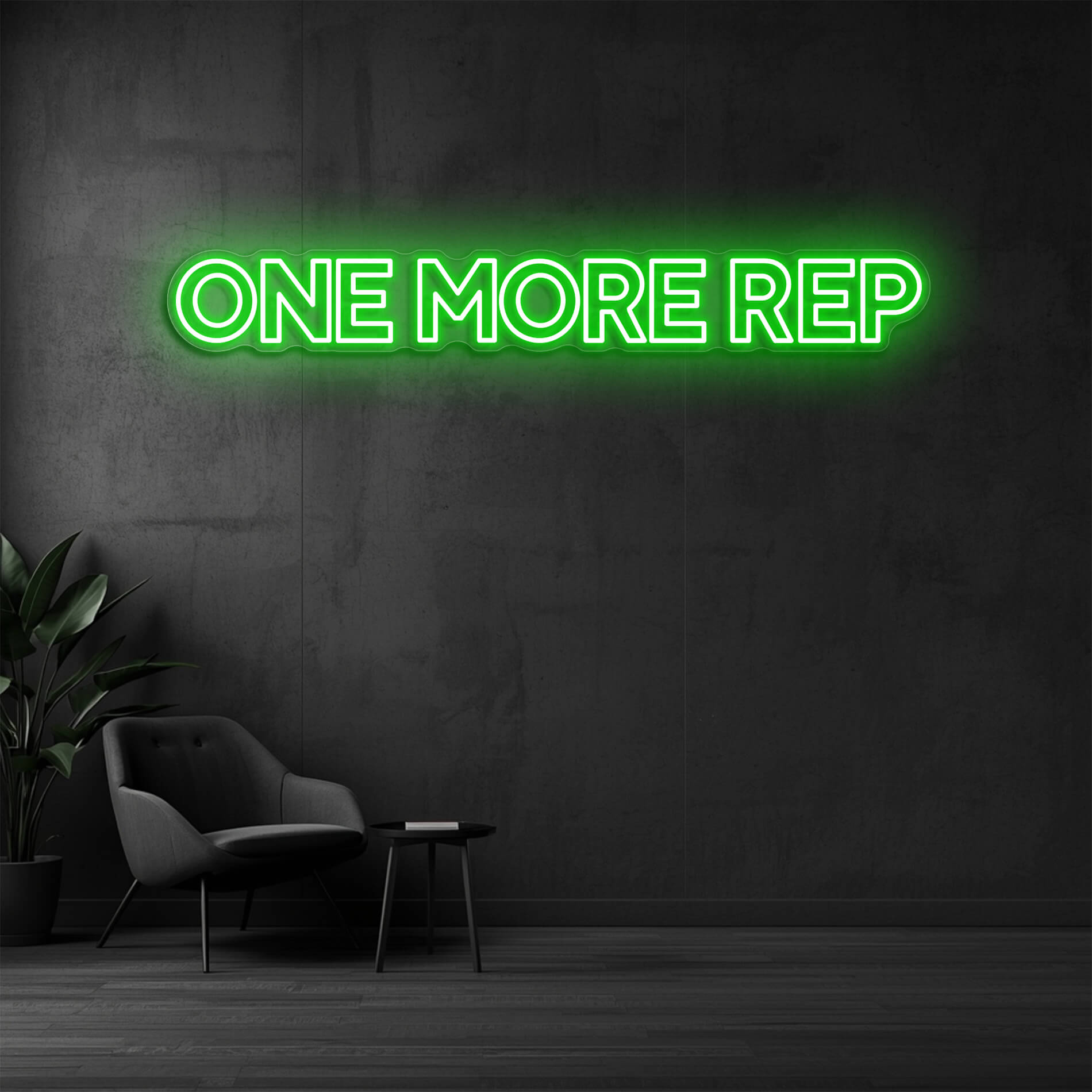 One More Rep Fitness Neon Schild gruen für Trainingsräume
