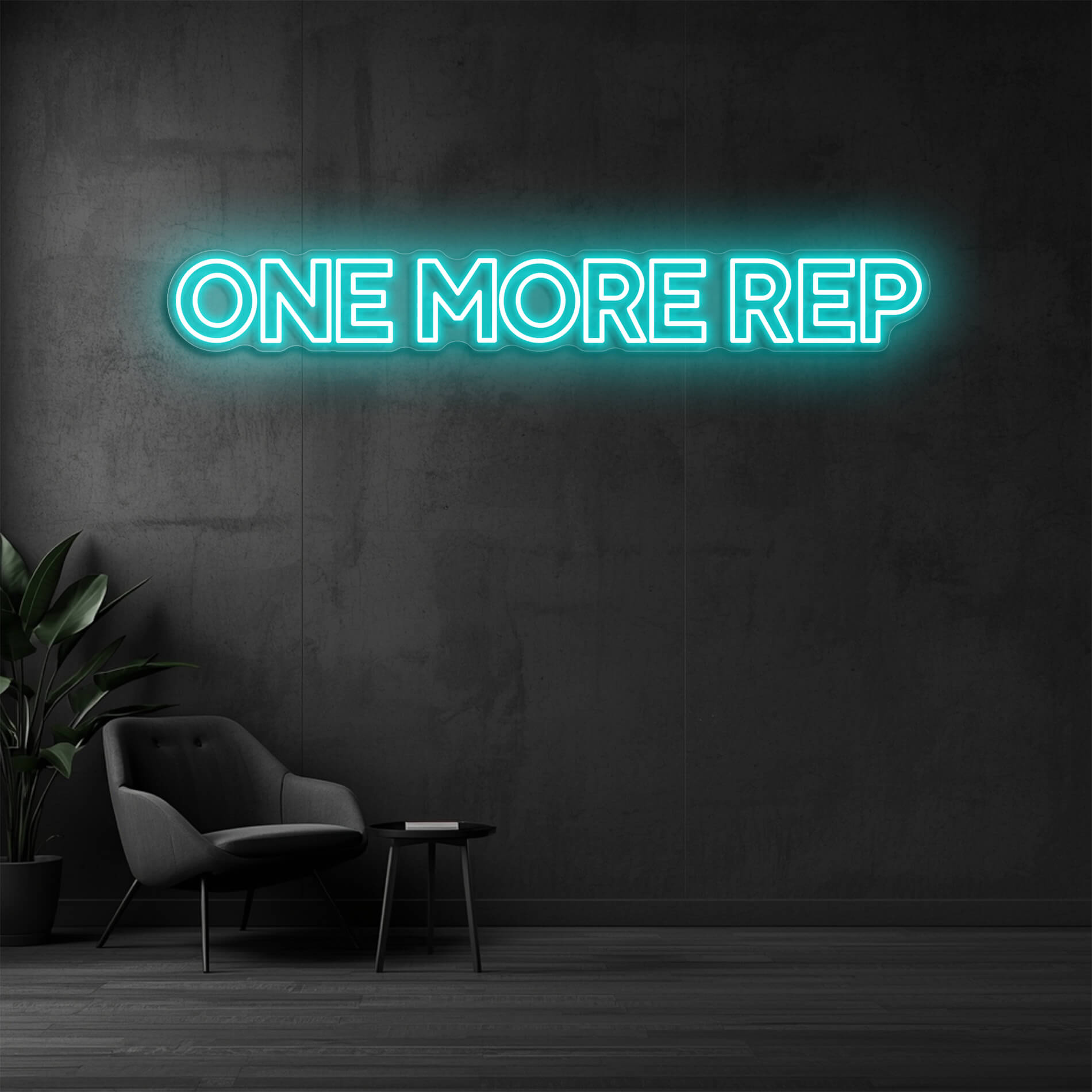 One More Rep Gym Neon Logo eisblau für Fitnessstudios