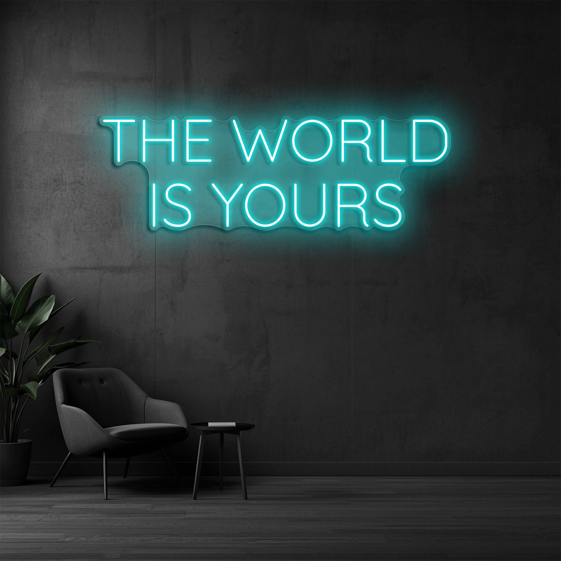 Neon Lichtdesign The World Is Yours eisblau als modernes Wandlicht