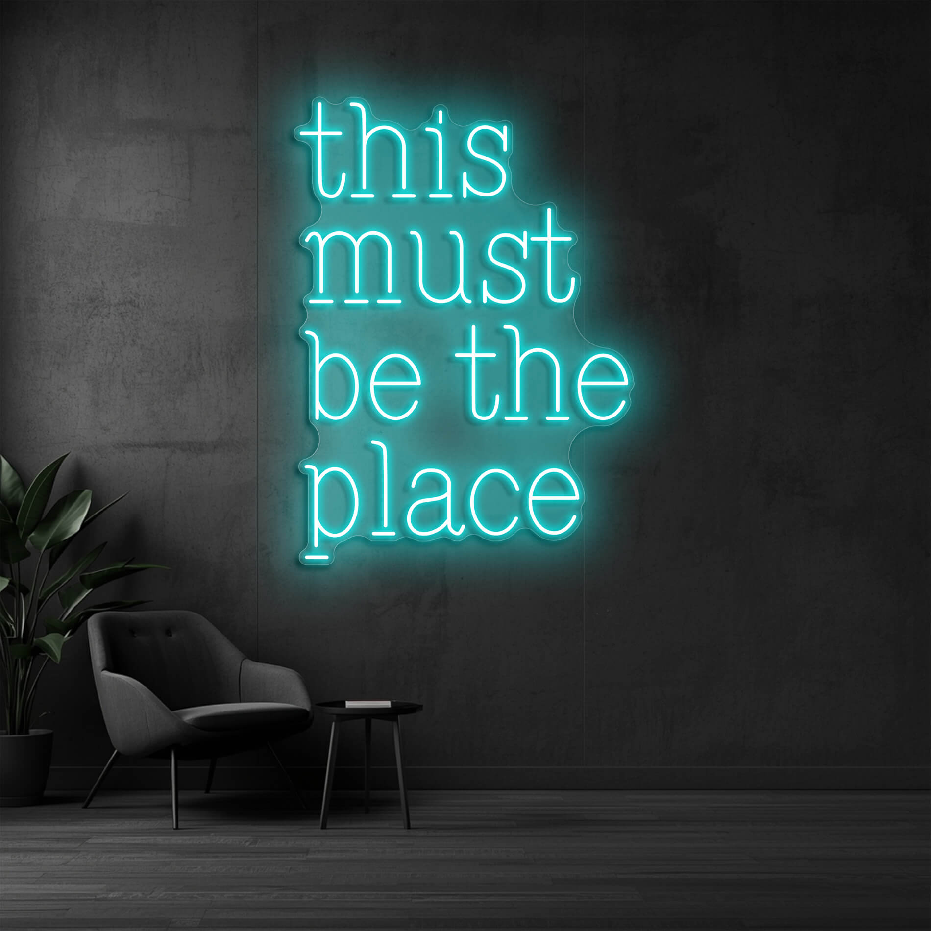 Neon Lichtschrift This Must Be The Place eisblau als modernes Lichtdesign