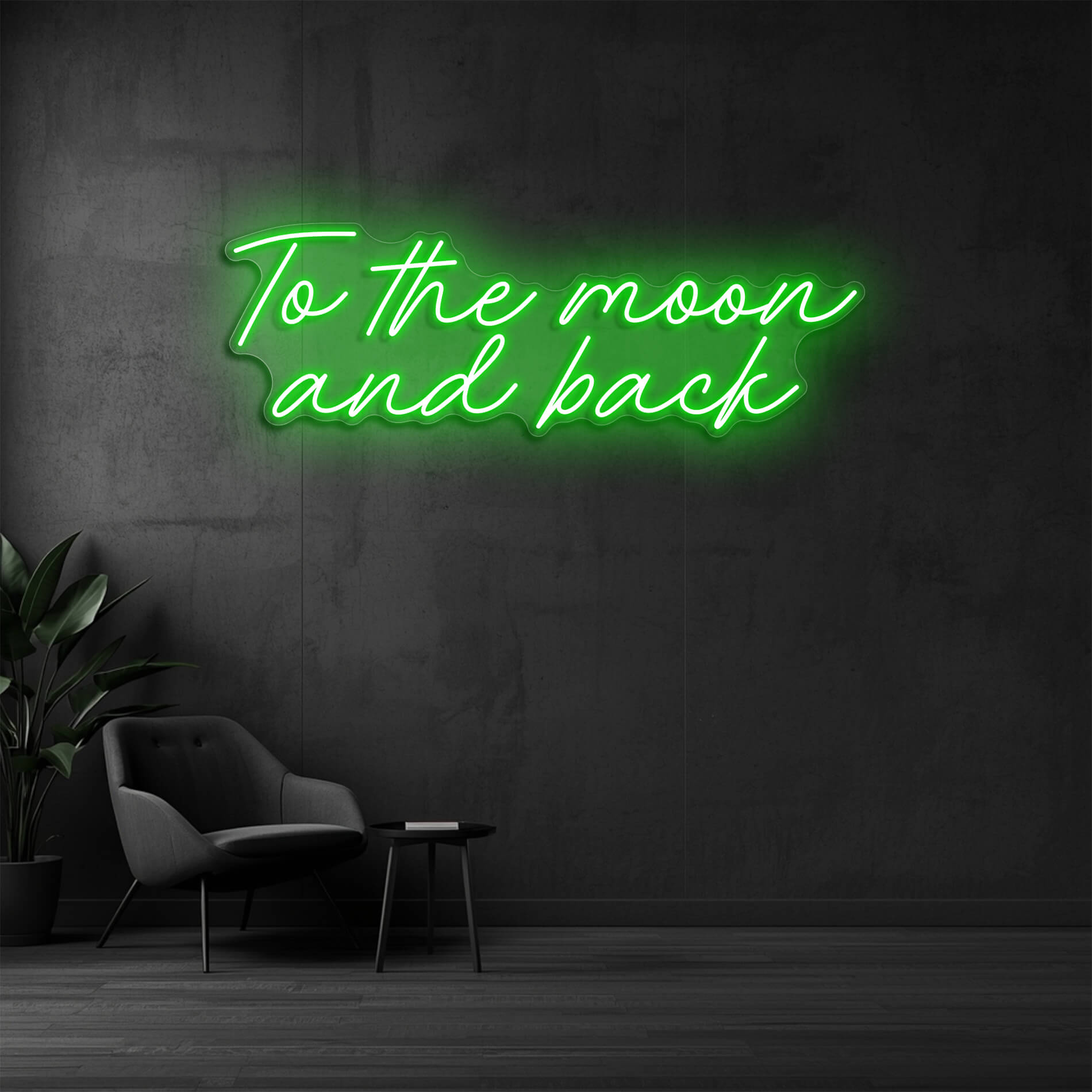 Neonlicht To the Moon and Back gruen als leuchtende Wanddekoration
