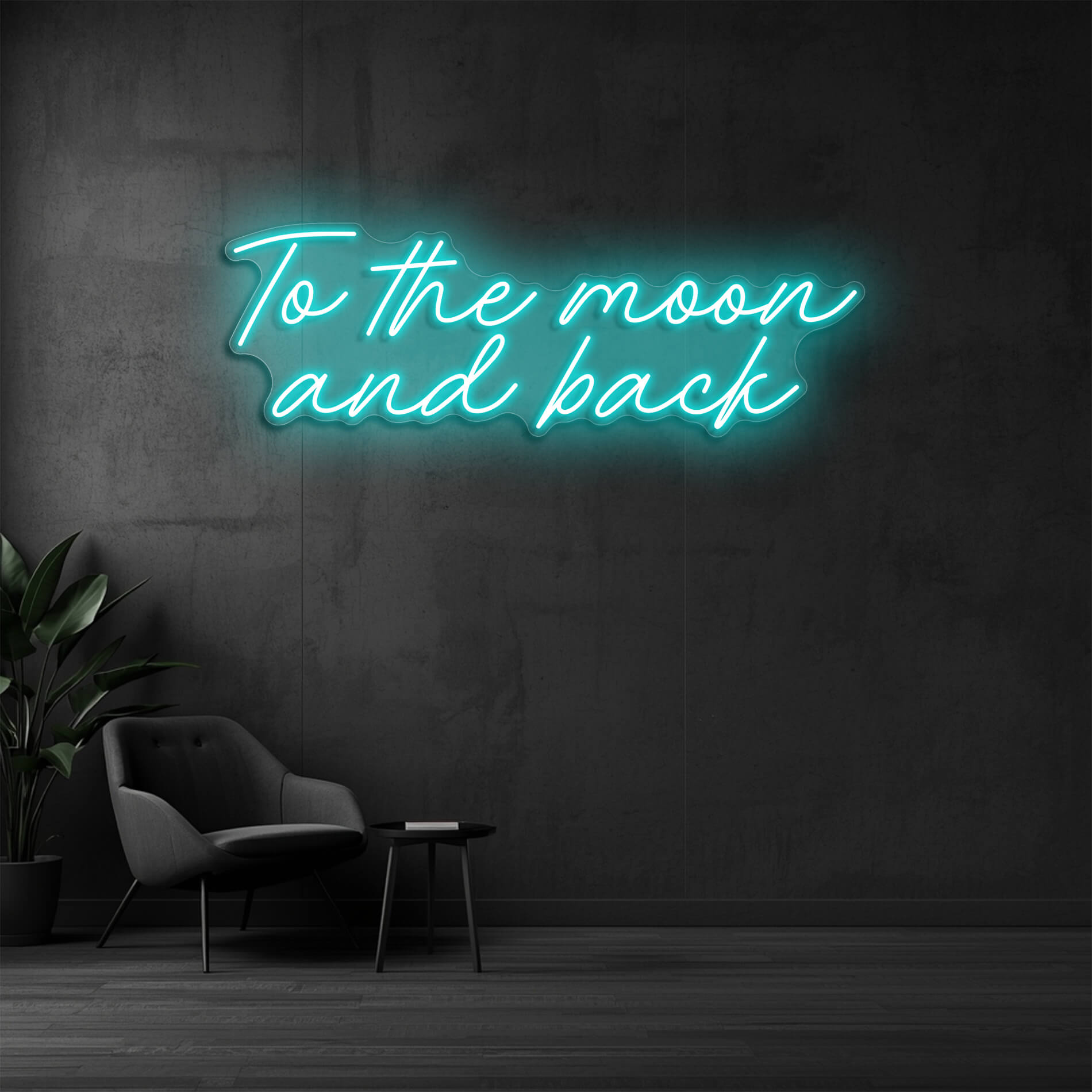 Neonschild To the Moon and Back eisblau als modernes Wandlicht