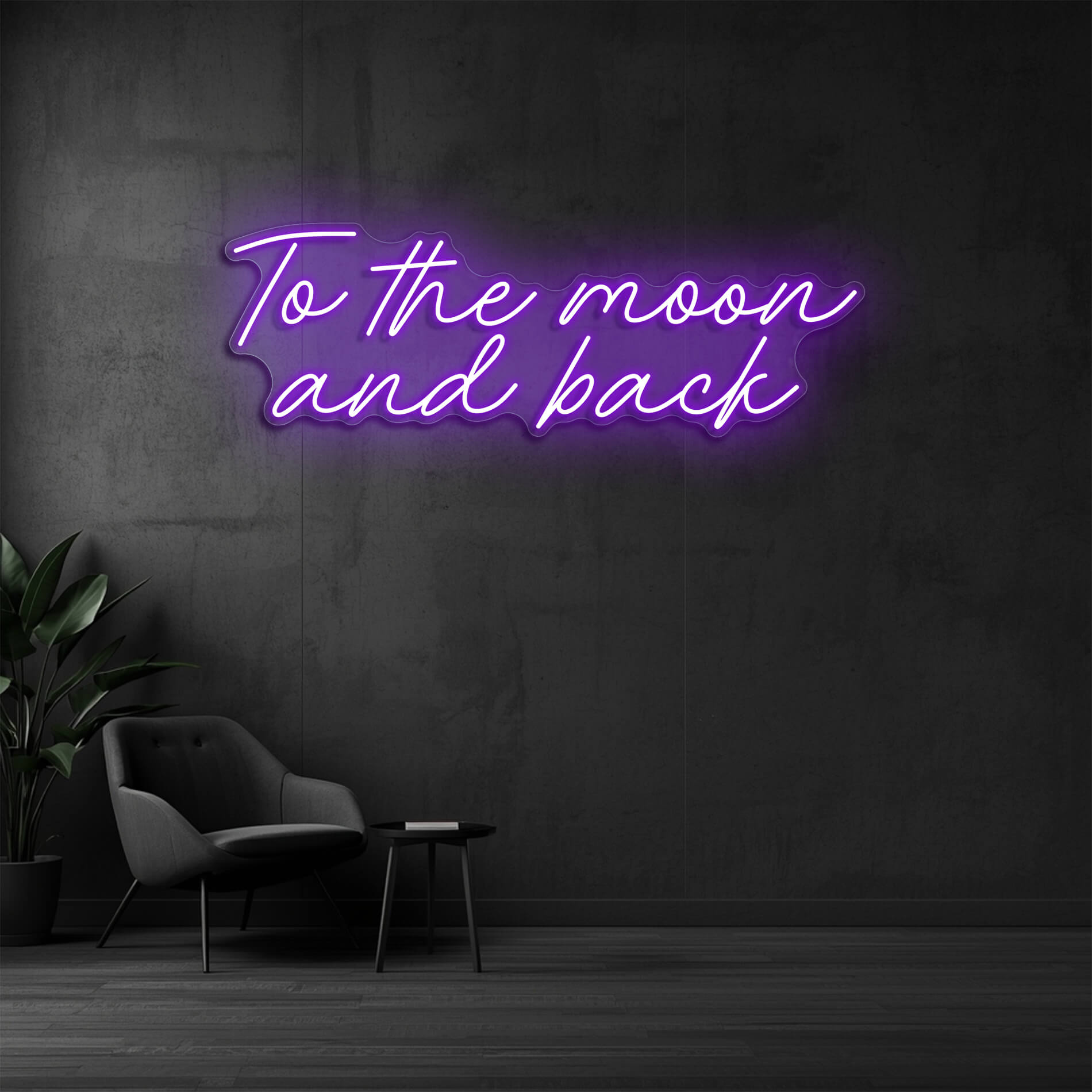 Neonschild To the Moon and Back violett als dekoratives Neonlicht