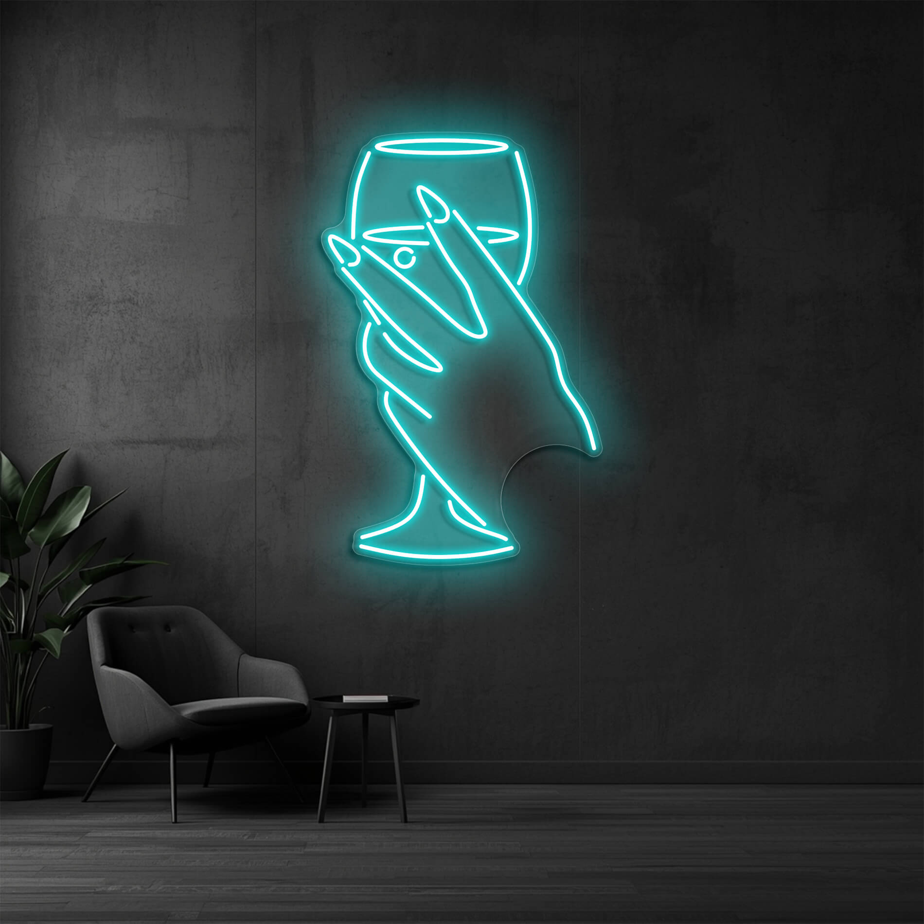 Neon Wandlicht Weinglas eisblau für moderne Weinbars