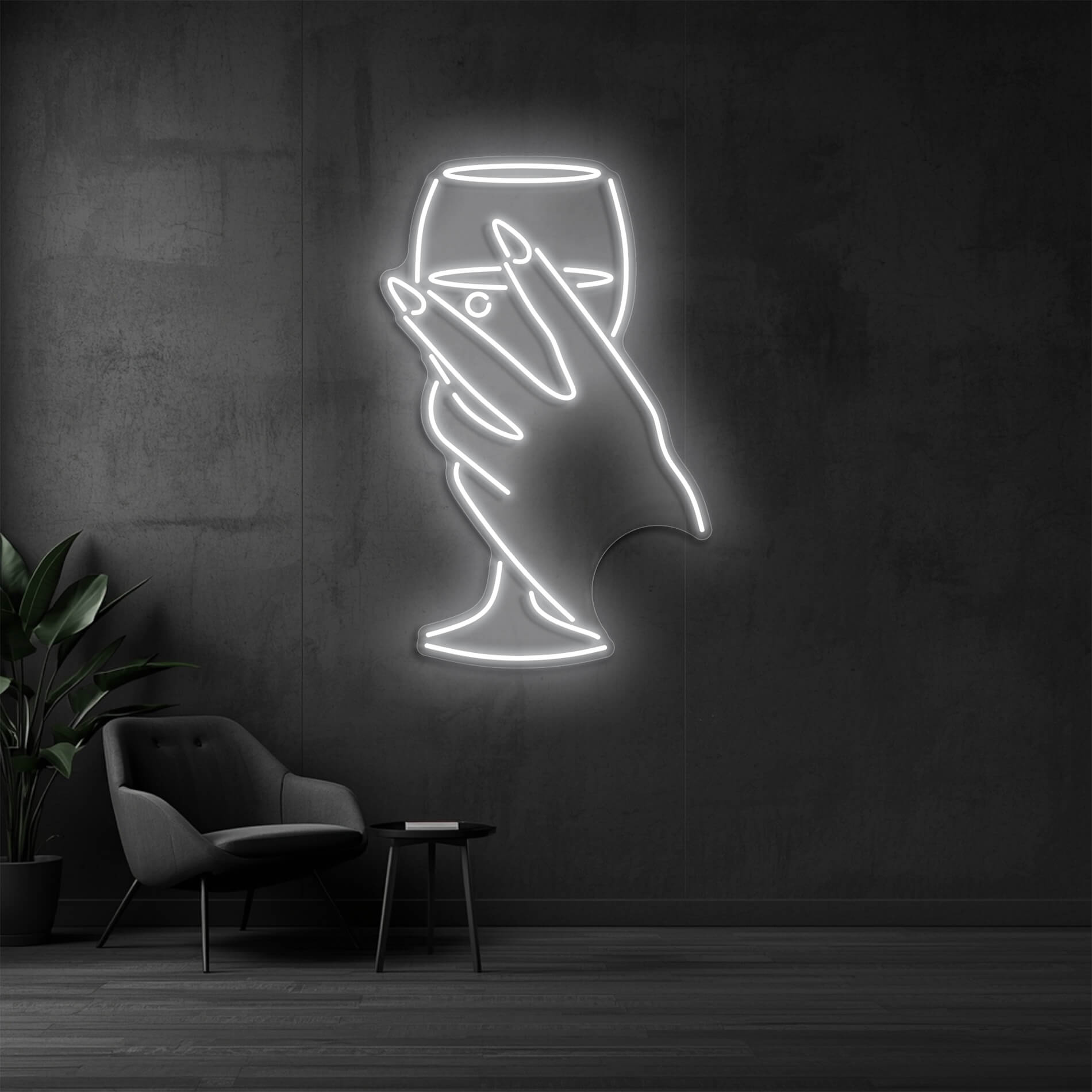 Neonschild Weinglas weiss für Weinbars und Gastronomiebetriebe