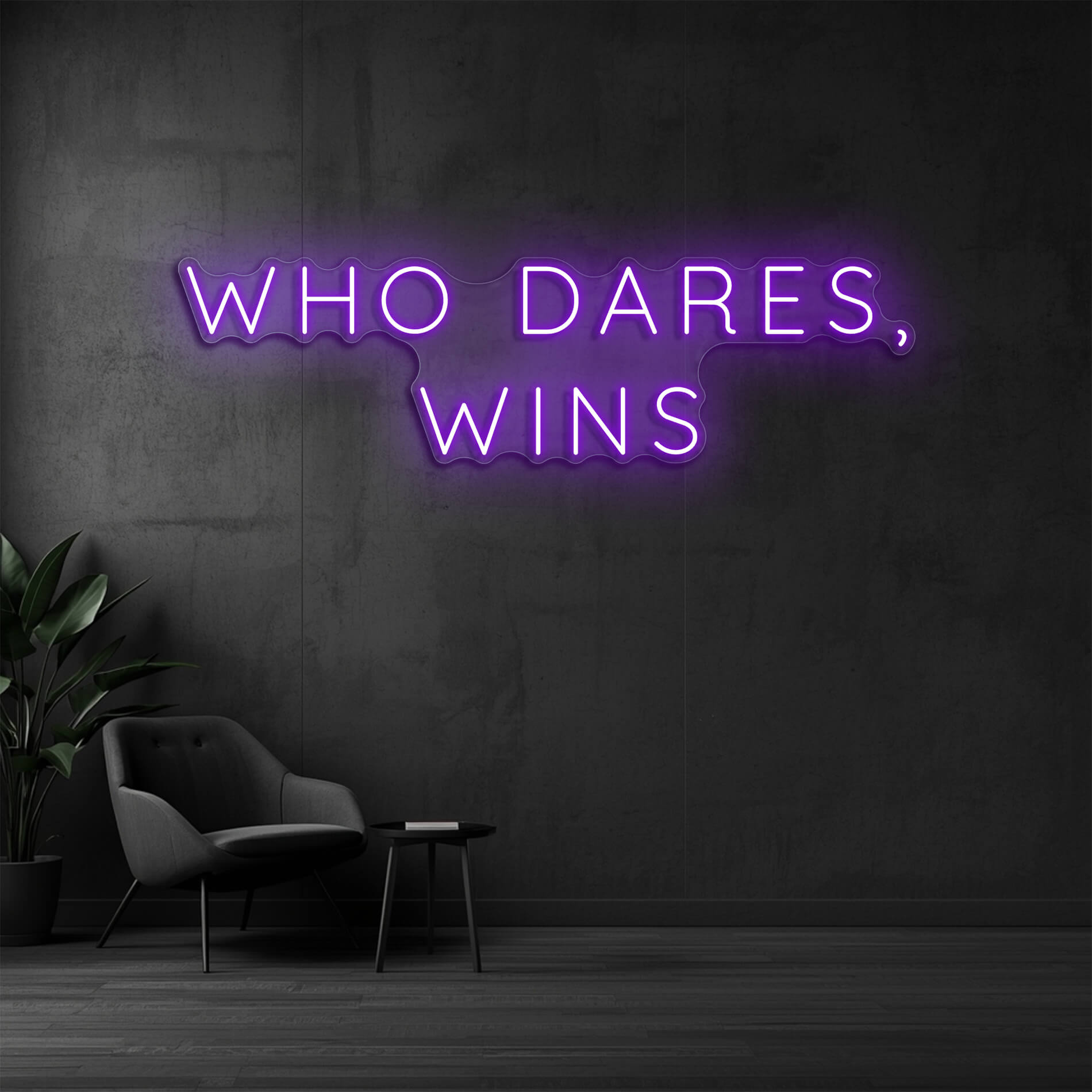 LED Neon Schild Who Dares Wins violett für Büros und Studios