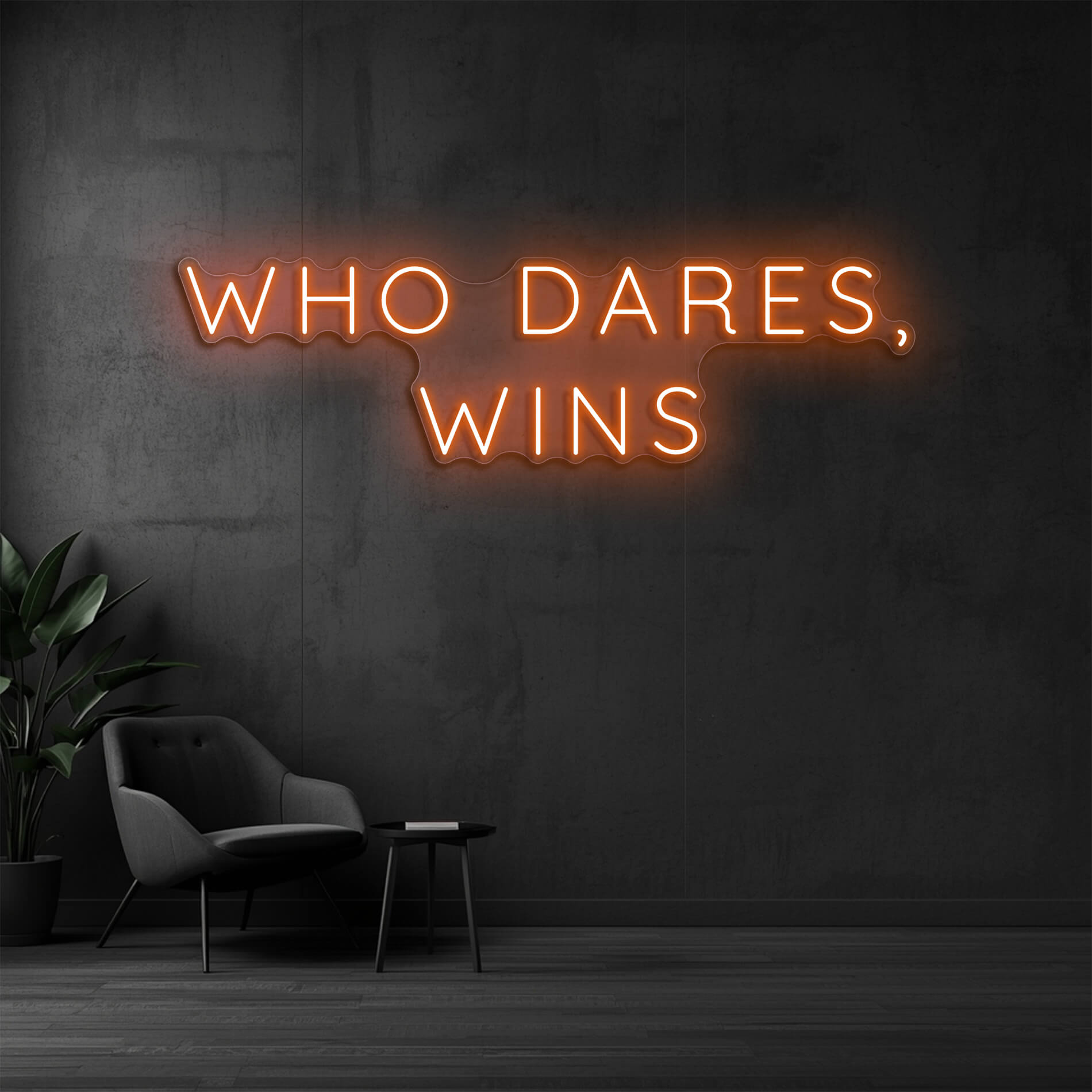 Neon Wandlicht Who Dares Wins orange für moderne Arbeitsbereiche